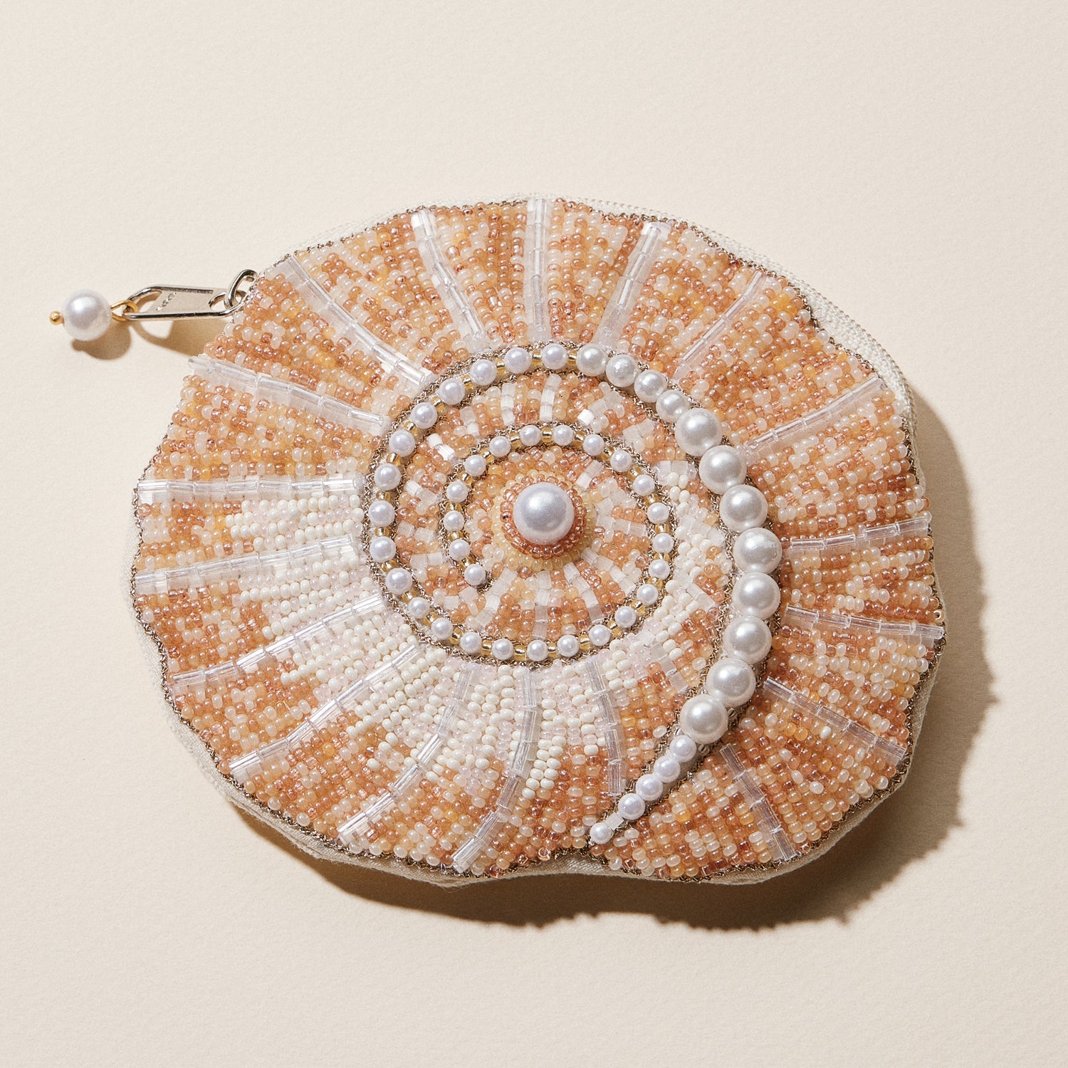 Beaded Spiral Seashell Coin Purse | Pearl Embellished Zip Pouch