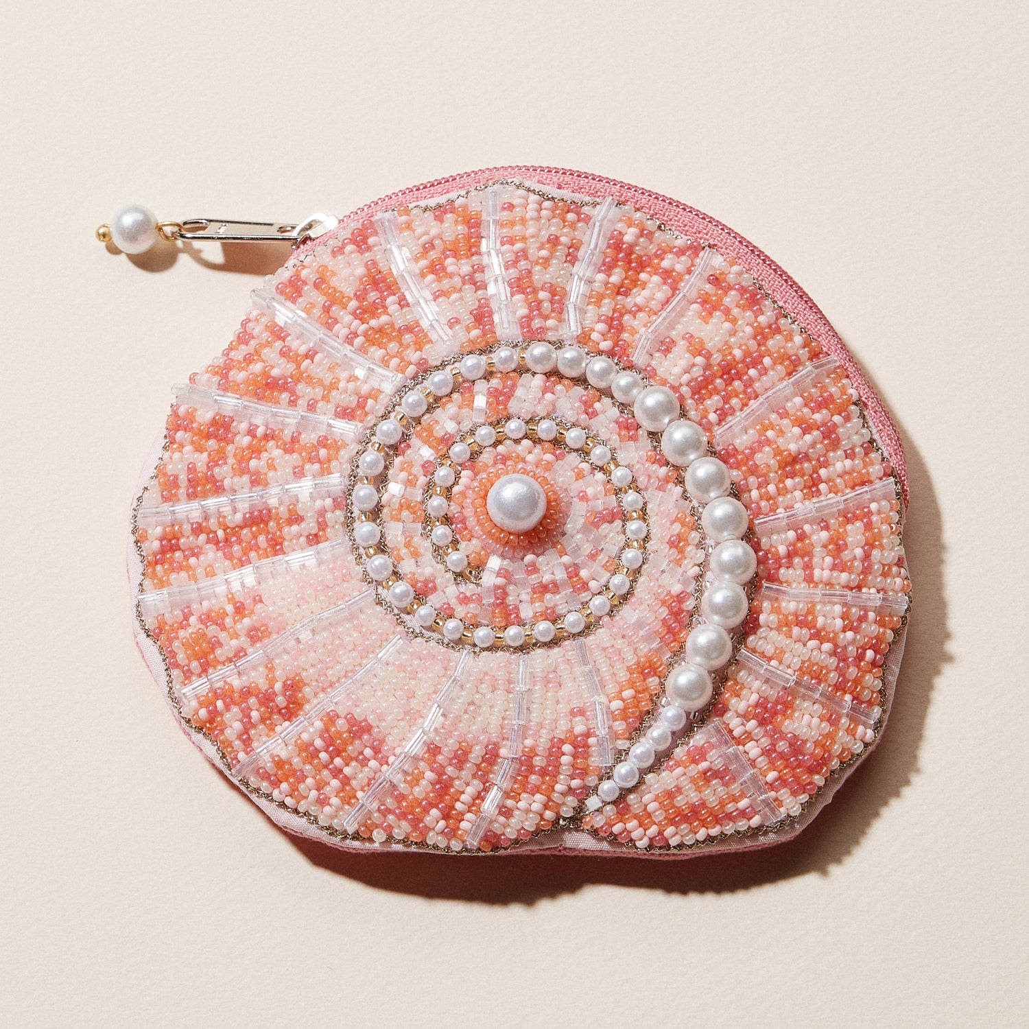 Beaded Spiral Seashell Coin Purse | Pearl Embellished Zip Pouch