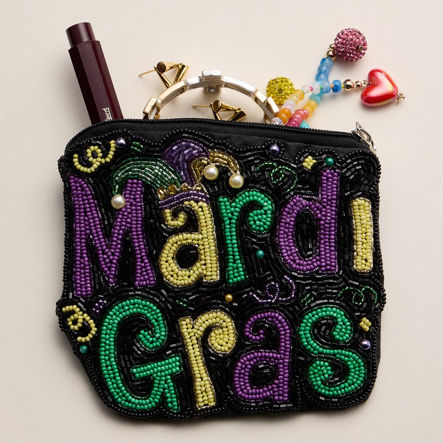 Hand-Beaded Mardi Gras Coin Pouch – Purple, Green & Gold Festival Bag