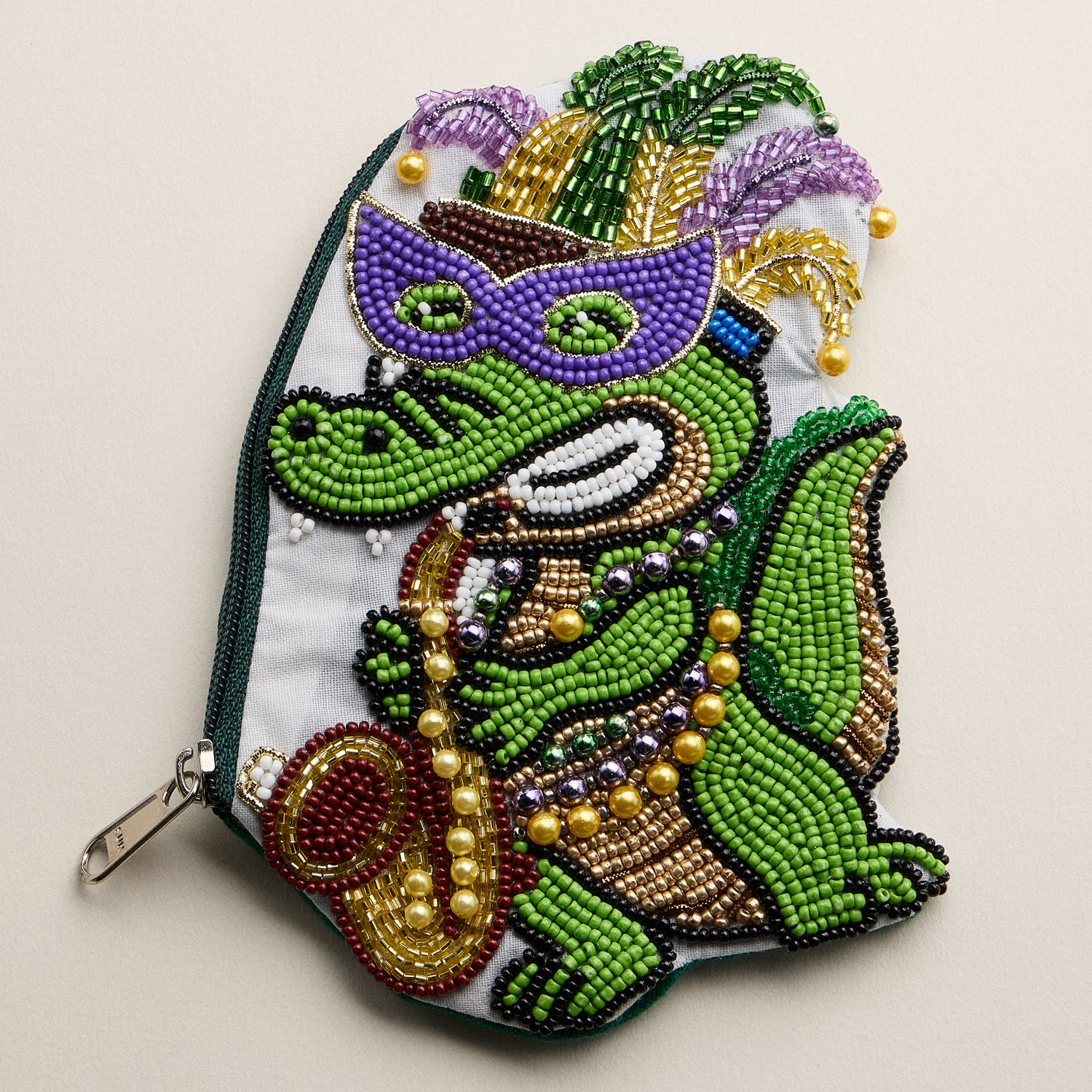 Hand-Beaded Jazz Gator Coin Purse – Mardi Gras Colors Green Purple Gold