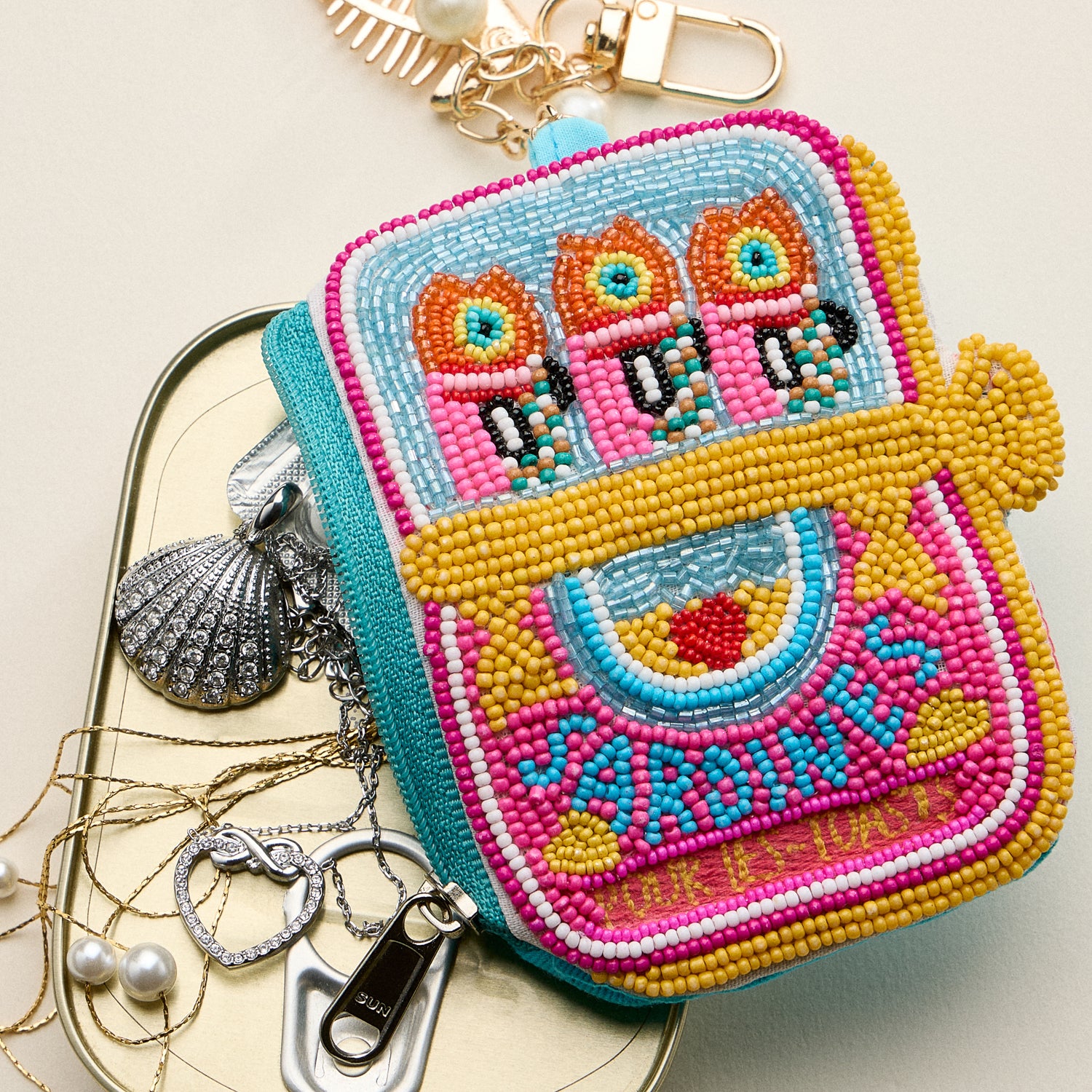 Beaded Sardine Coin Purse Keychain – Handmade Bead Embellished Zipper Pouch with Charm