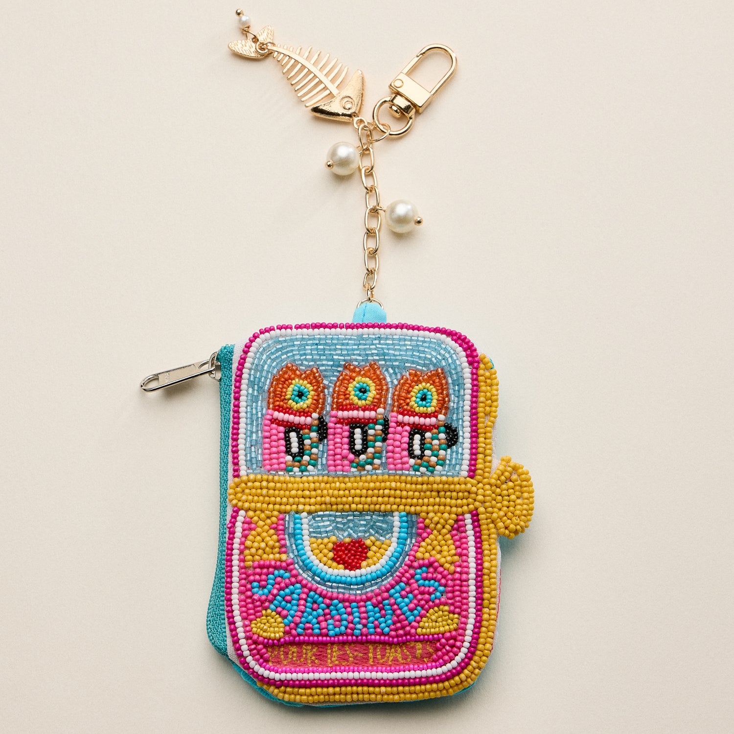 Beaded Sardine Coin Purse Keychain – Handmade Bead Embellished Zipper Pouch with Charm