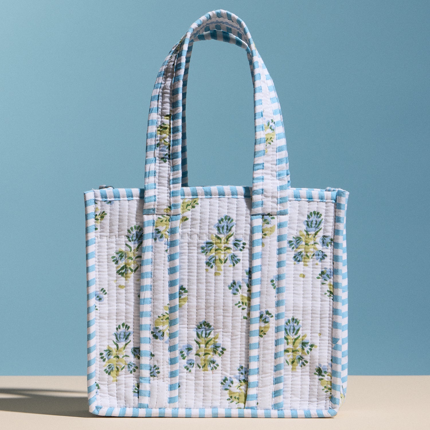 Blue Floral Quilted Mini Tote Bag – Soft Fabric Everyday Carry Handbag