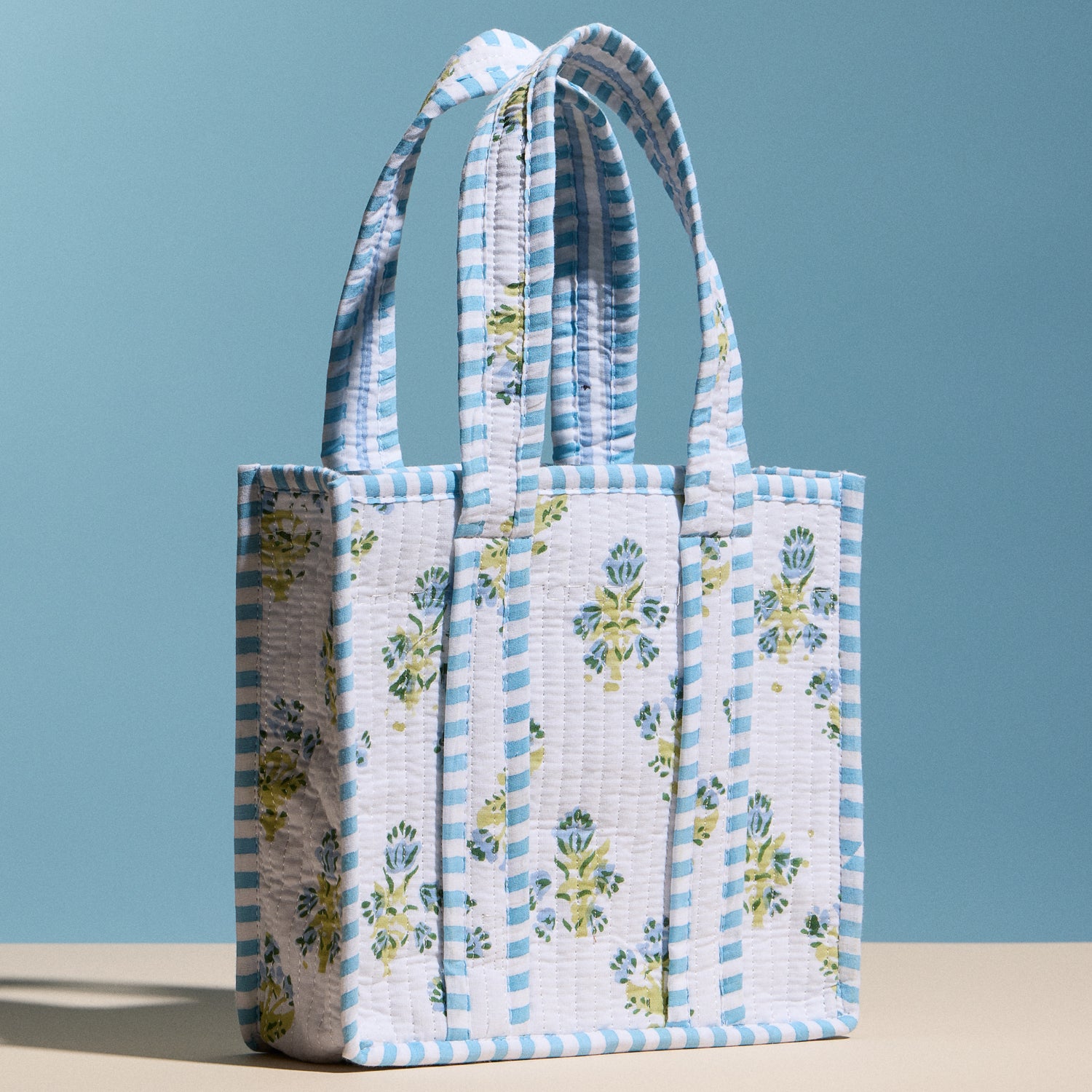 Blue Floral Quilted Mini Tote Bag – Soft Fabric Everyday Carry Handbag