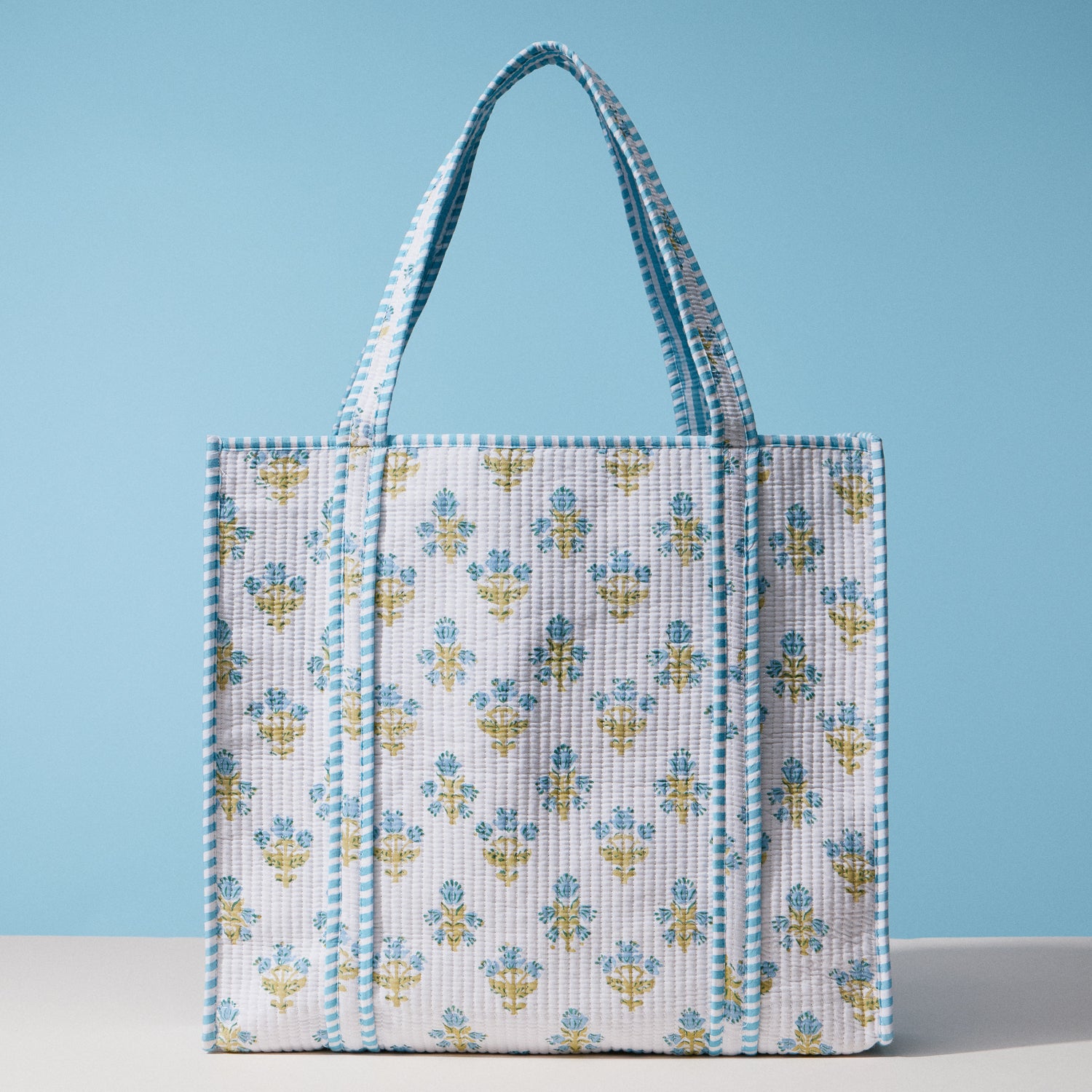 Blue and White Indian Quilted Tote Bag | Large Handmade Block Print Cotton Bag