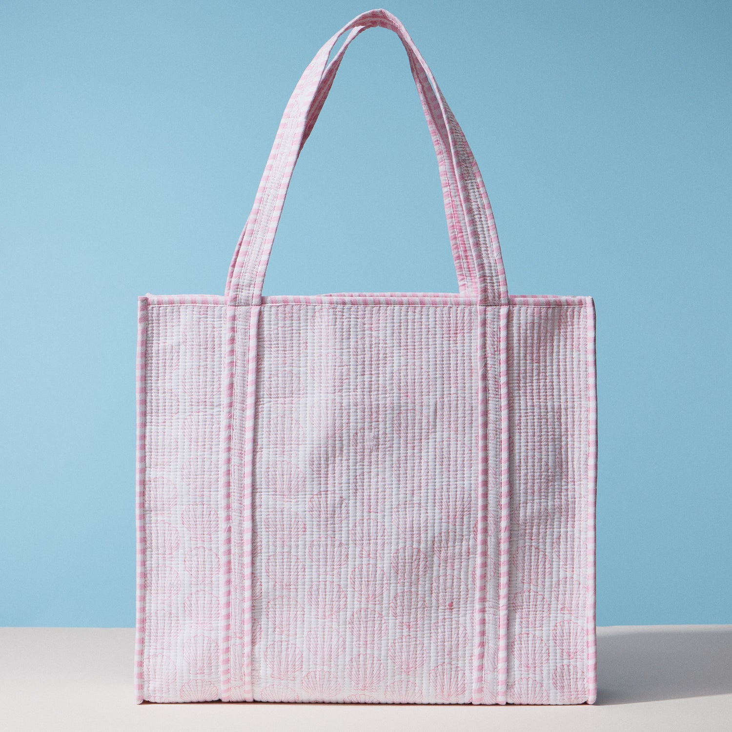 Pink Seashell Indian Quilted Tote Bag | Large Handmade Block Print Cotton Bag