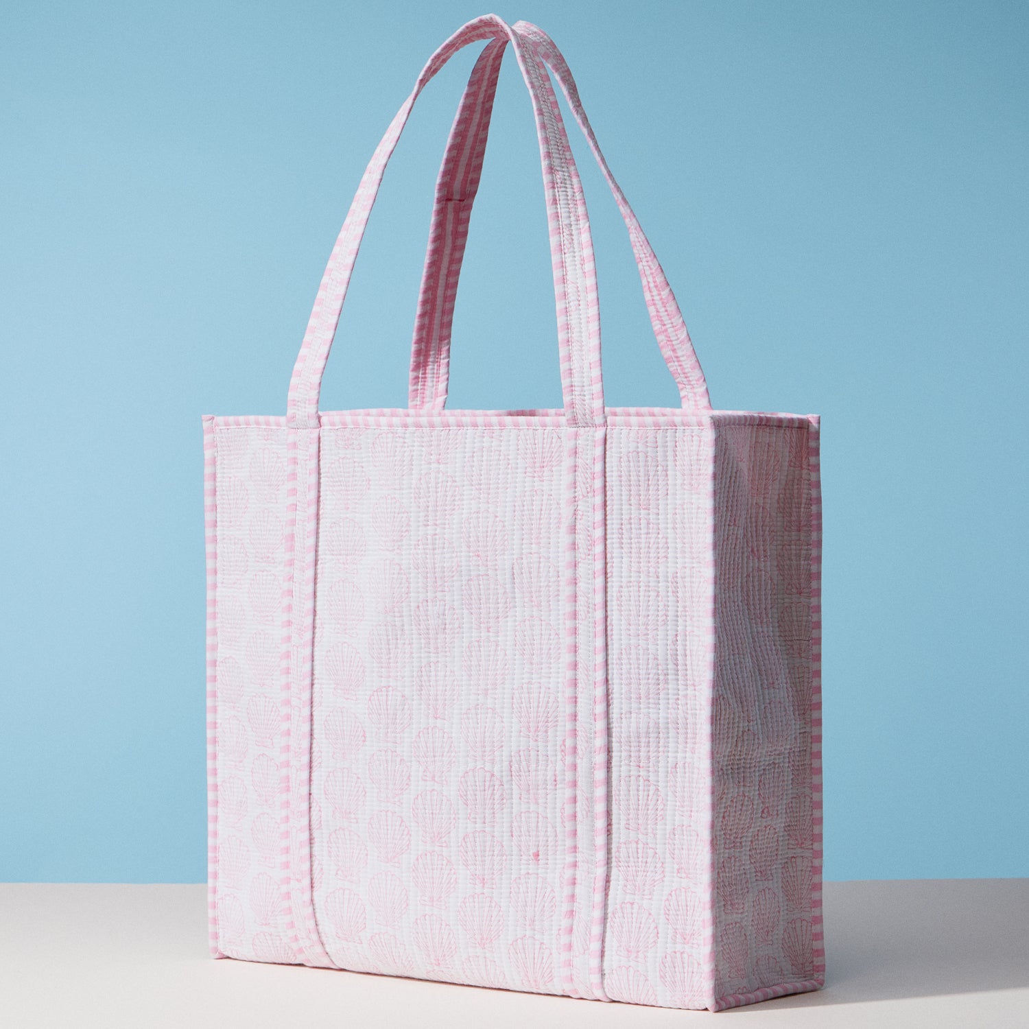 Pink Seashell Indian Quilted Tote Bag – Large Handmade Block Print Cotton Bag