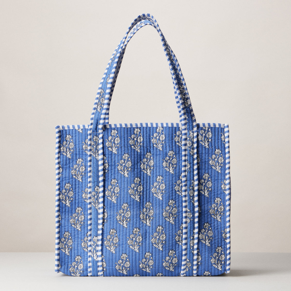Blue Indian Quilted Tote Bag | Medium Handmade Block Print Cotton Carryall