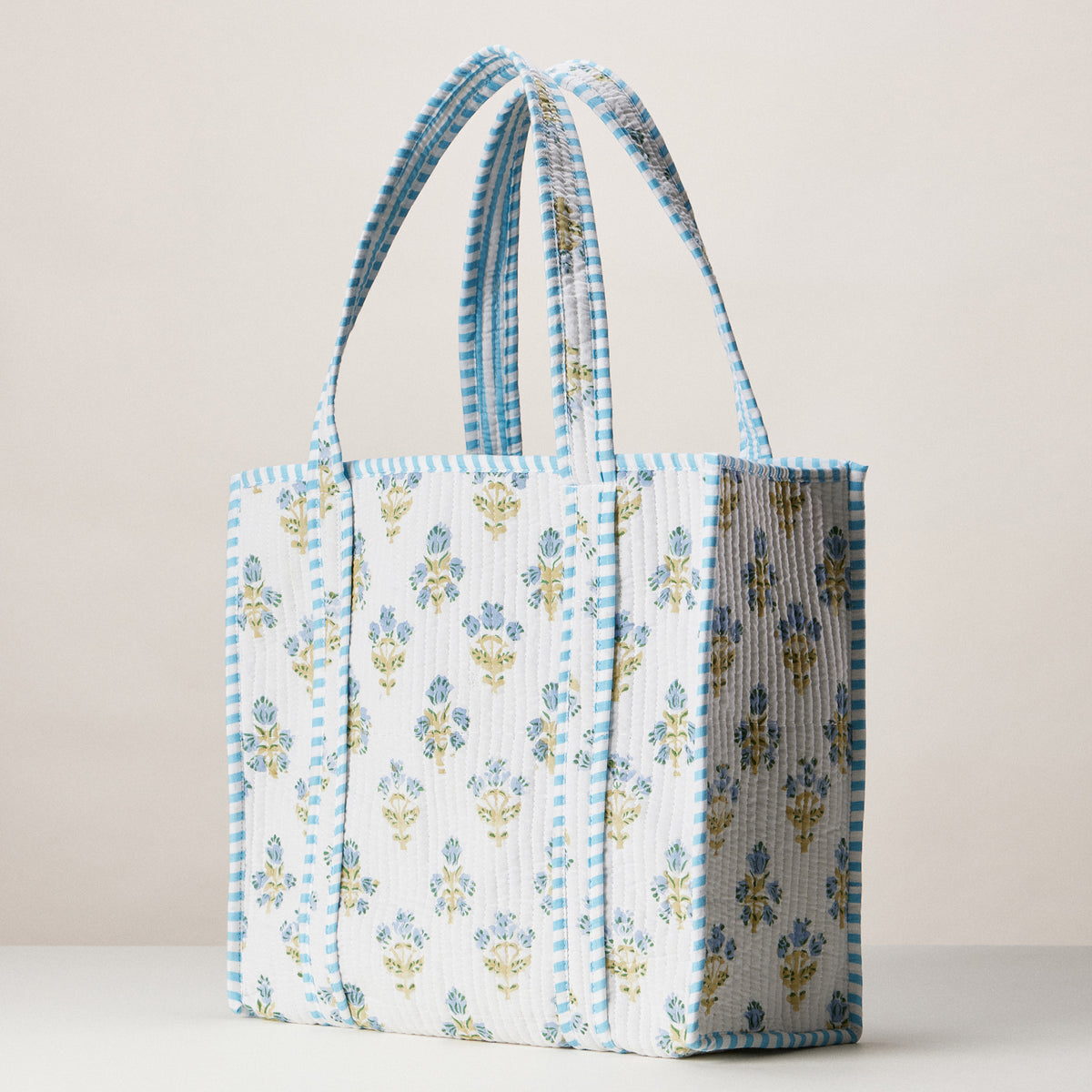 Blue and White Indian Quilted Tote Bag | Medium Handmade Block Print Cotton Bag