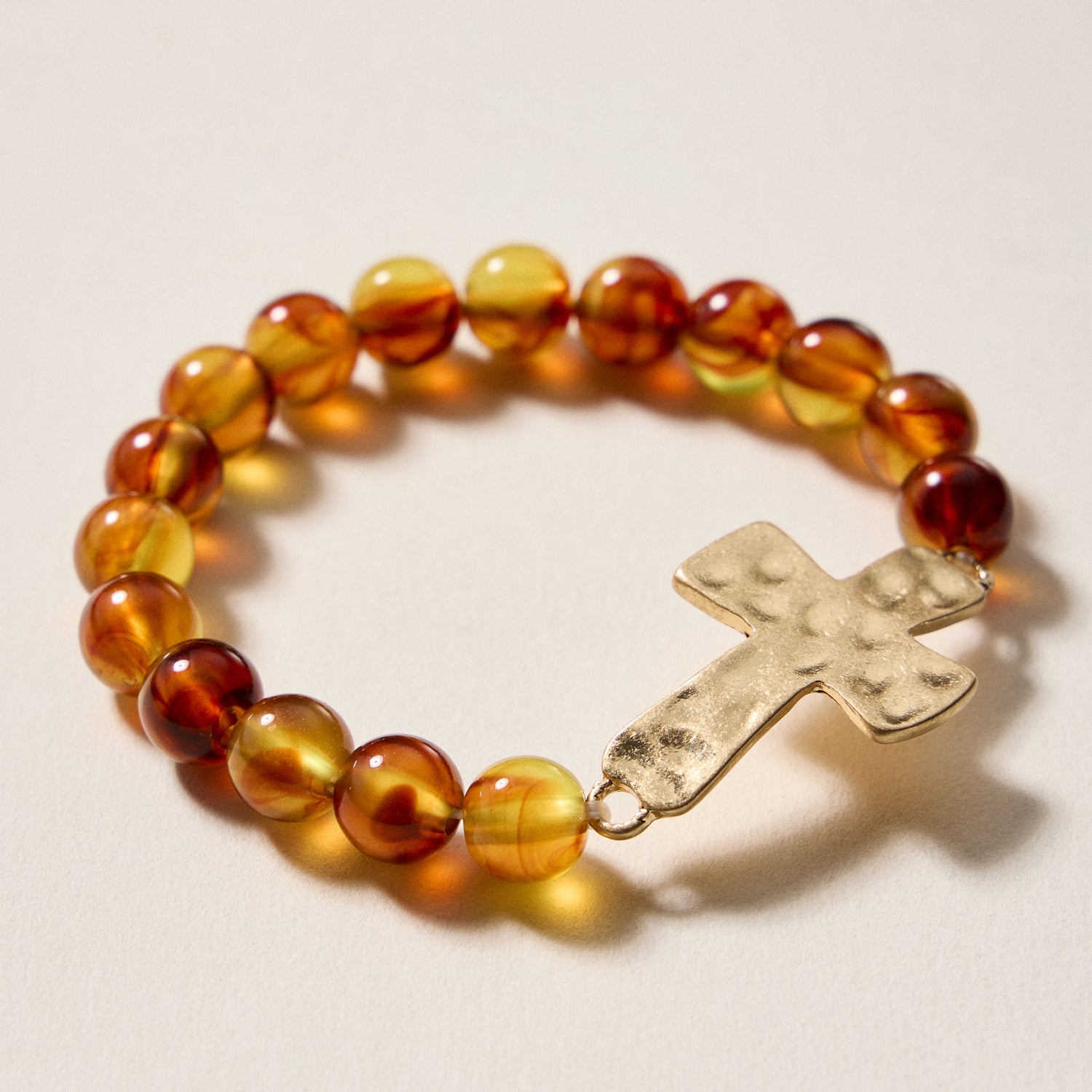 Natural Stone Beaded Bracelet with Hammered Cross Charm – Stretch Faith Bracelet