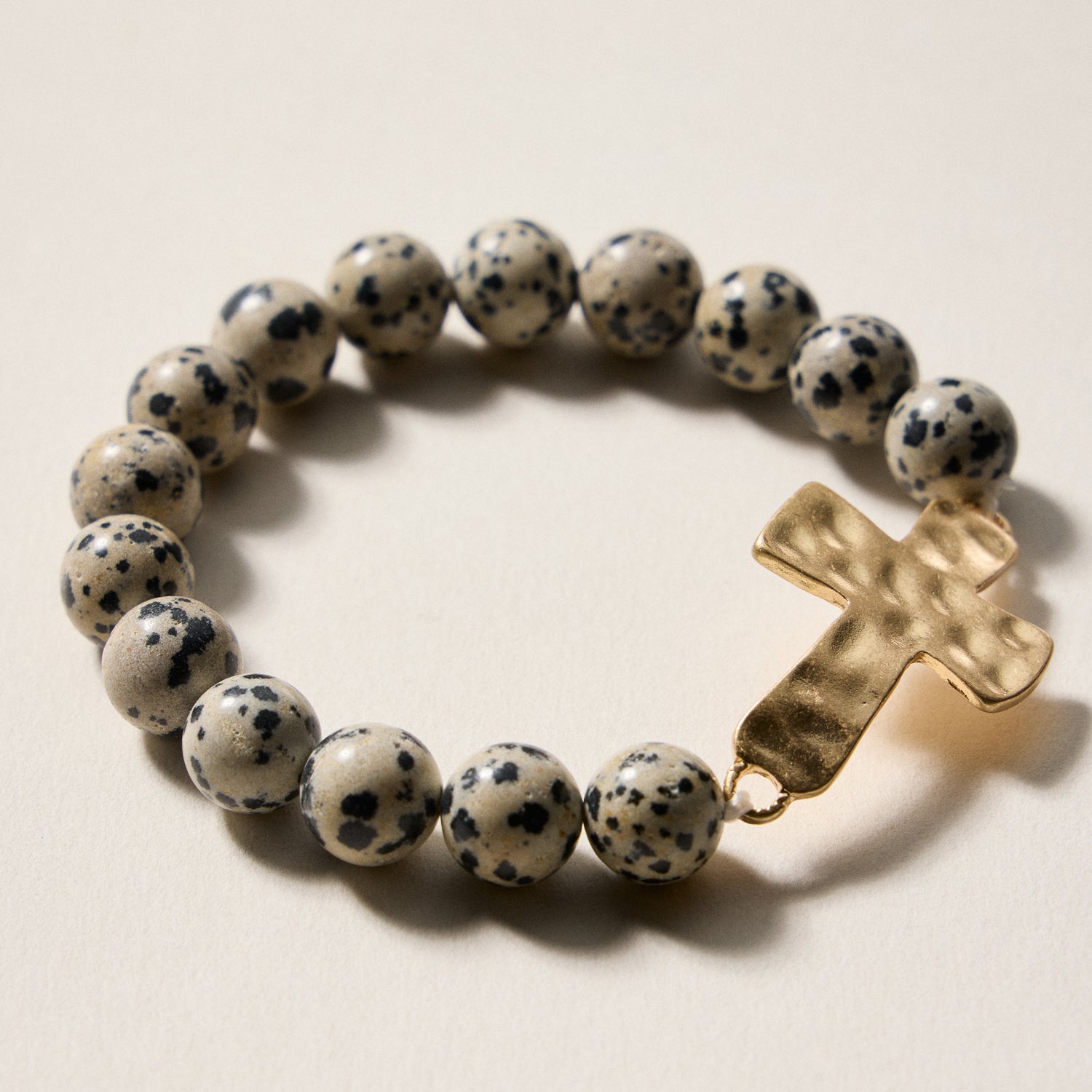 Natural Stone Beaded Bracelet with Hammered Cross Charm – Stretch Faith Bracelet