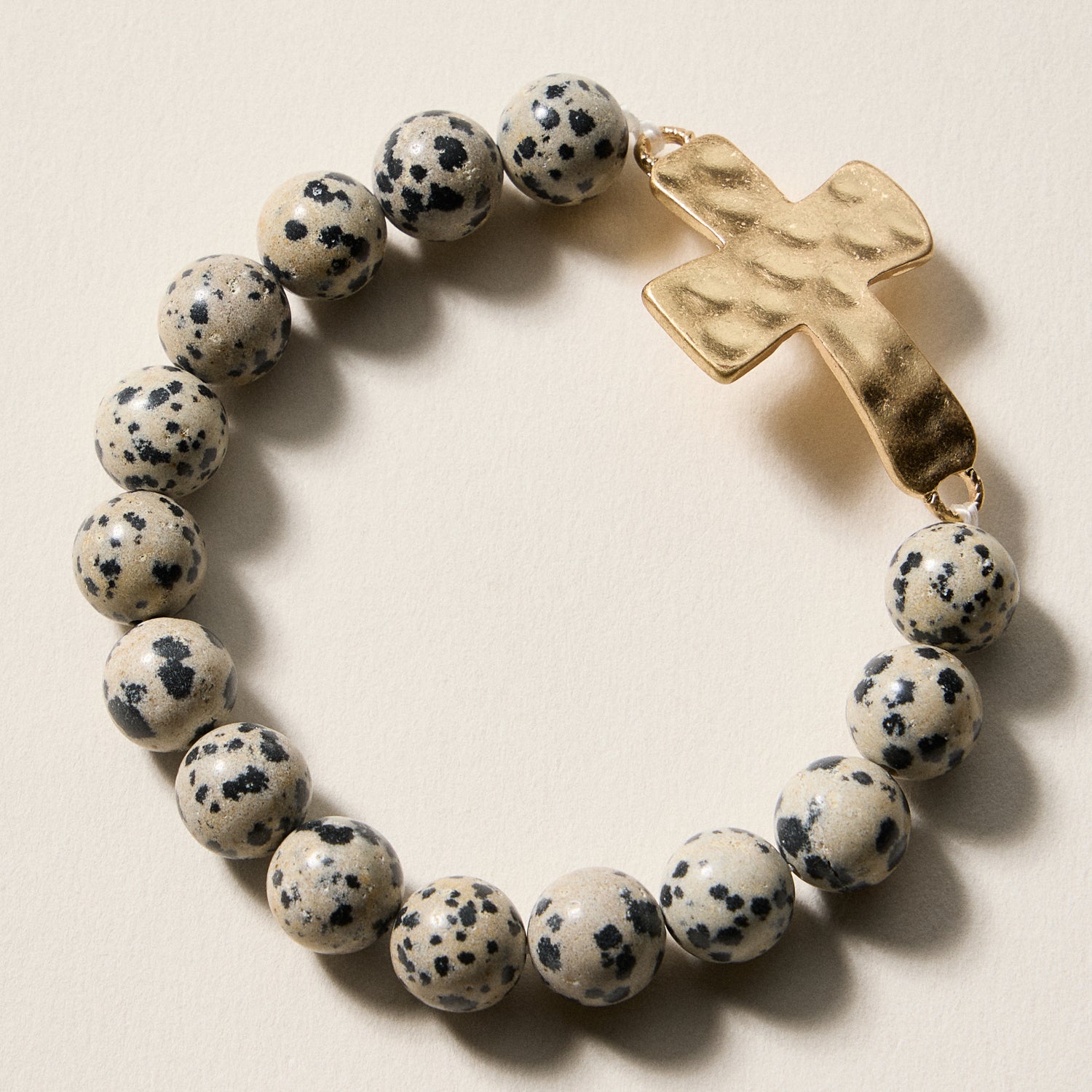 Natural Stone Beaded Bracelet with Hammered Cross Charm – Stretch Faith Bracelet