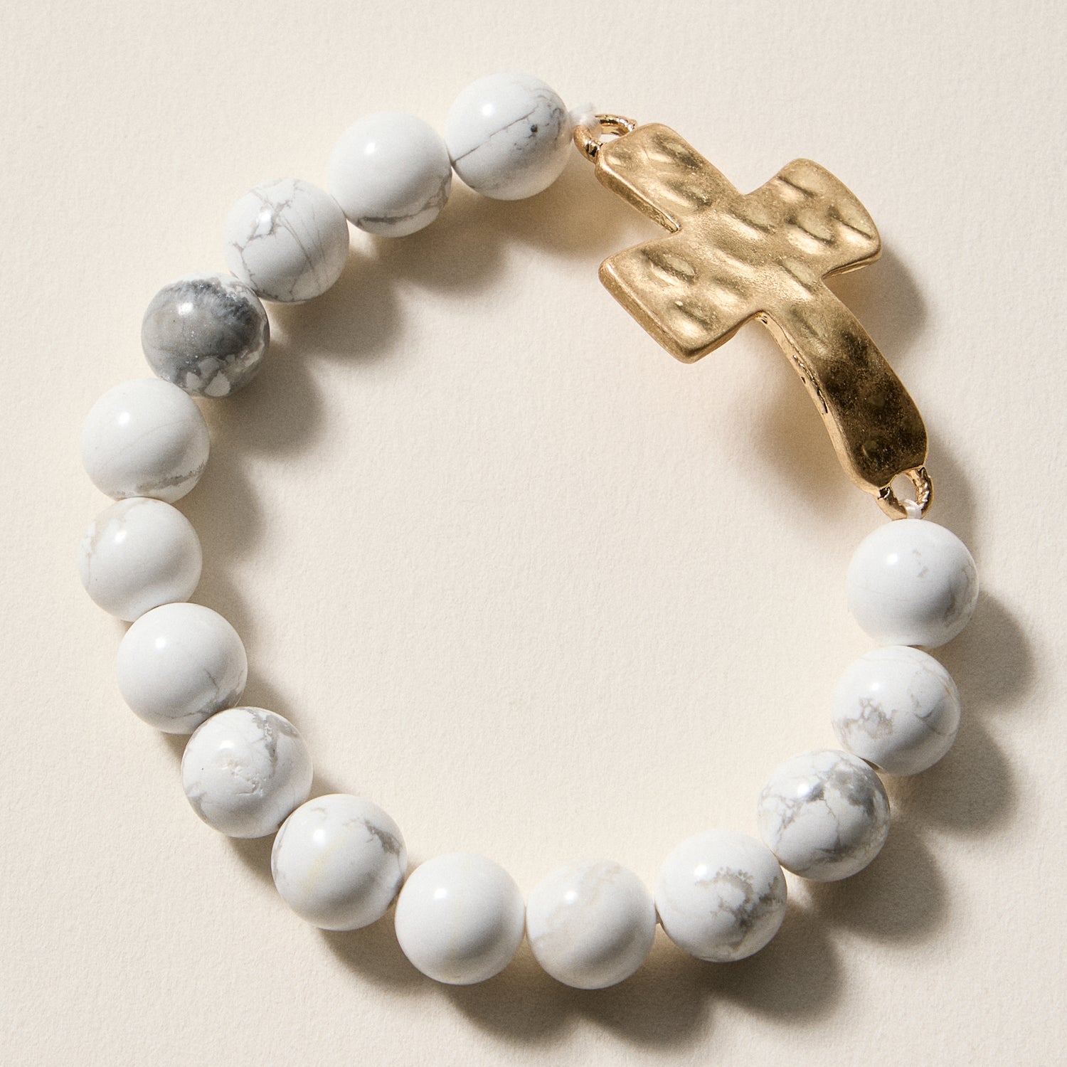 Natural Stone Beaded Bracelet with Hammered Cross Charm – Stretch Faith Bracelet