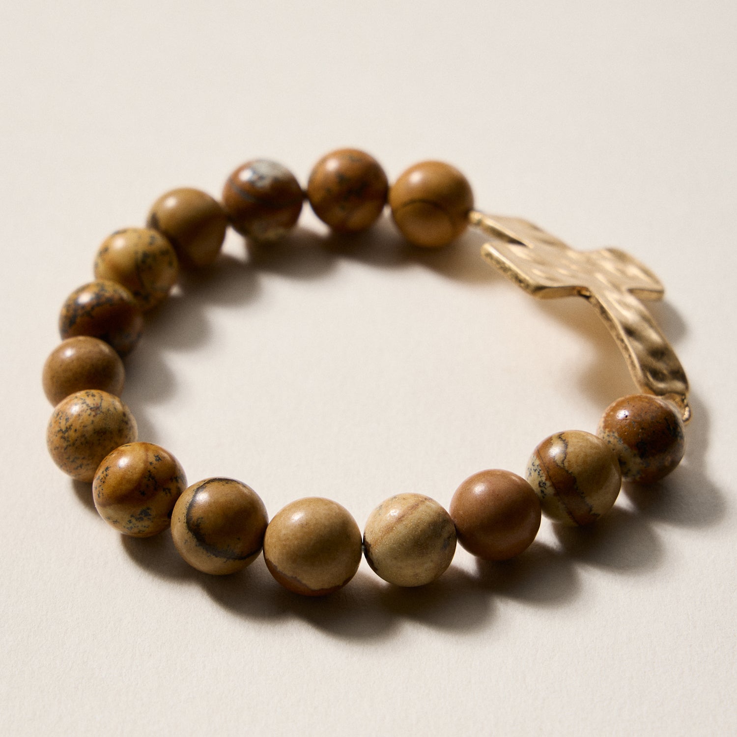 Natural Stone Beaded Bracelet with Hammered Cross Charm – Stretch Faith Bracelet