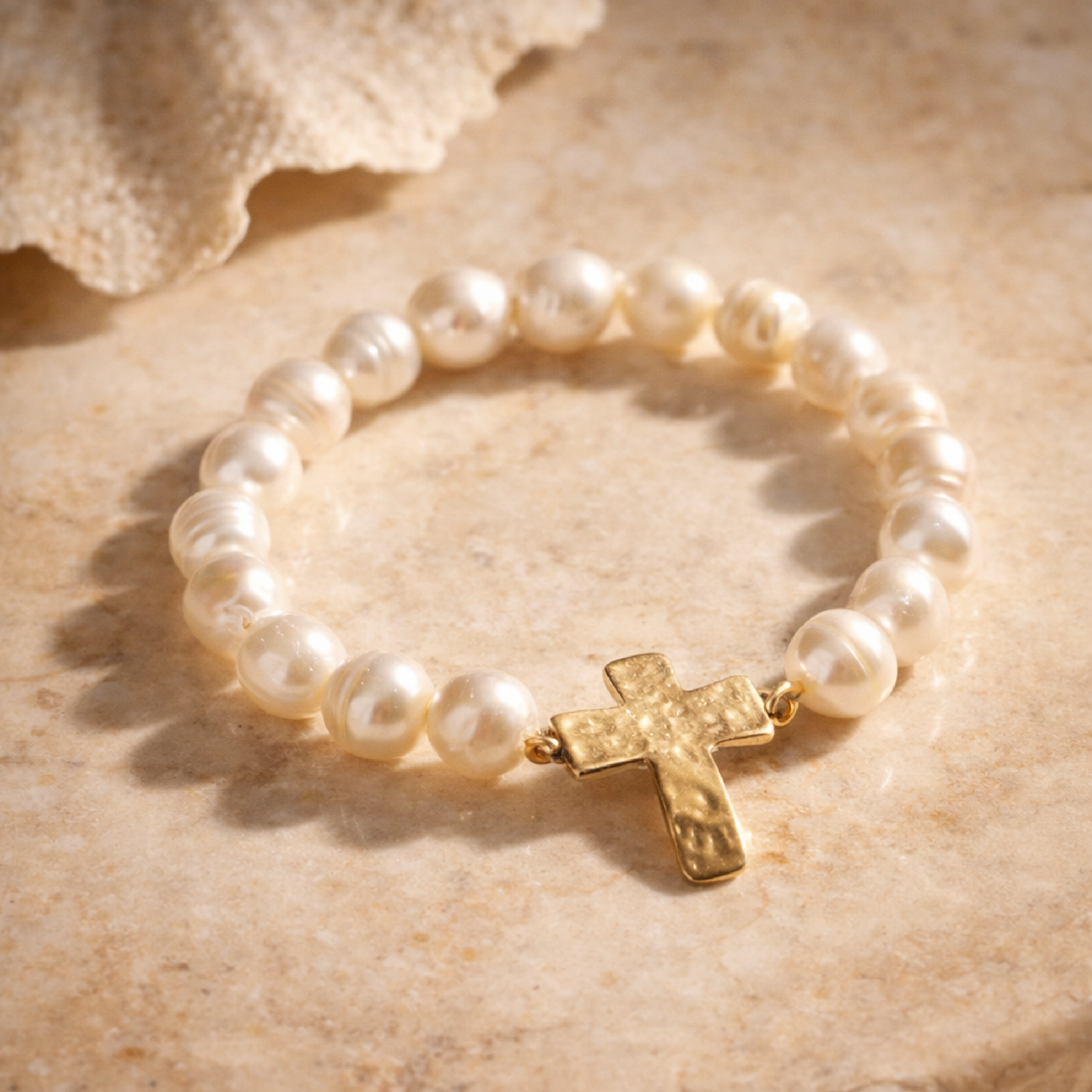 Freshwater Pearl Beaded Bracelet with Cross Charm – Stretch Faith Bracelet - Frem