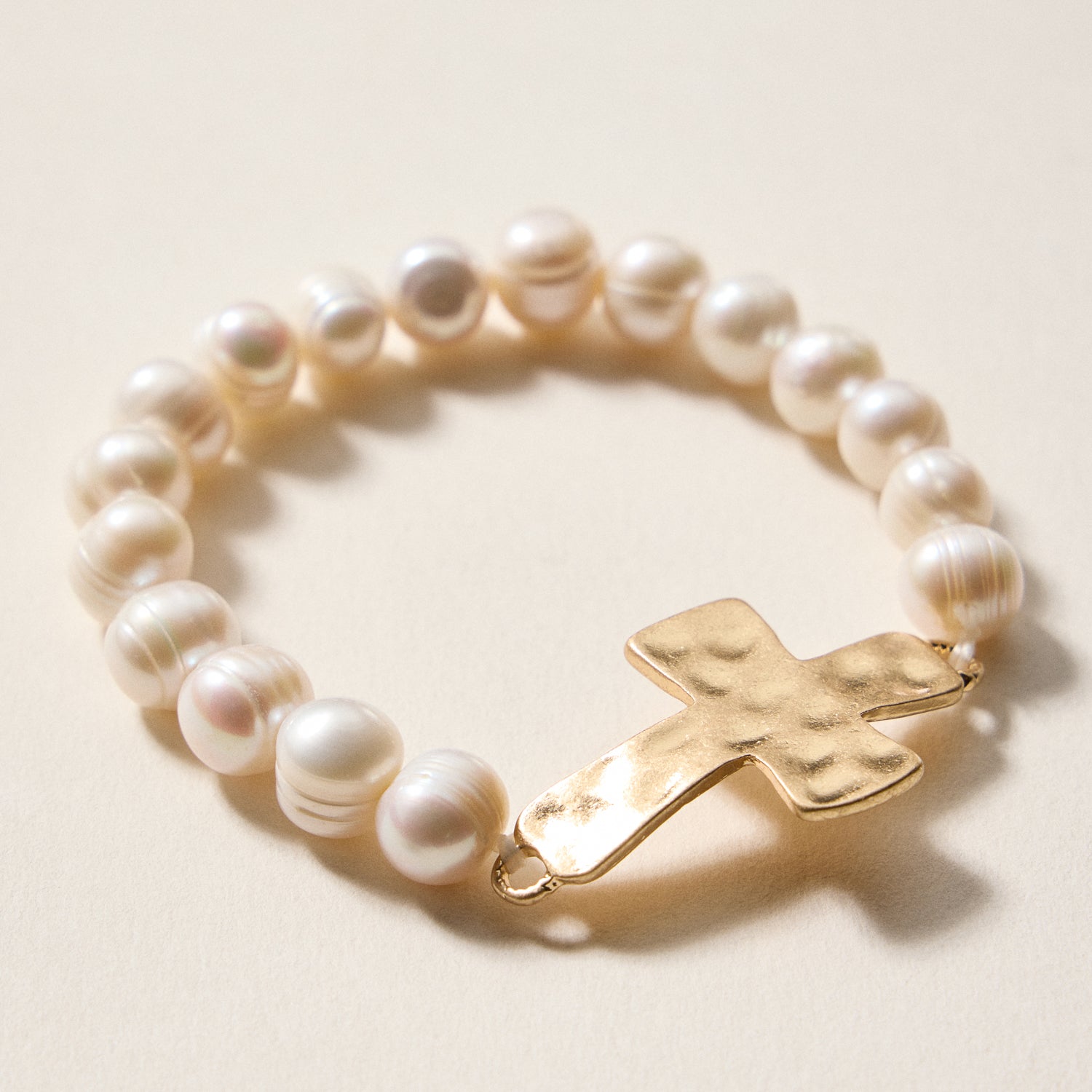 Freshwater Pearl Beaded Bracelet with Cross Charm – Stretch Faith Bracelet - Frem