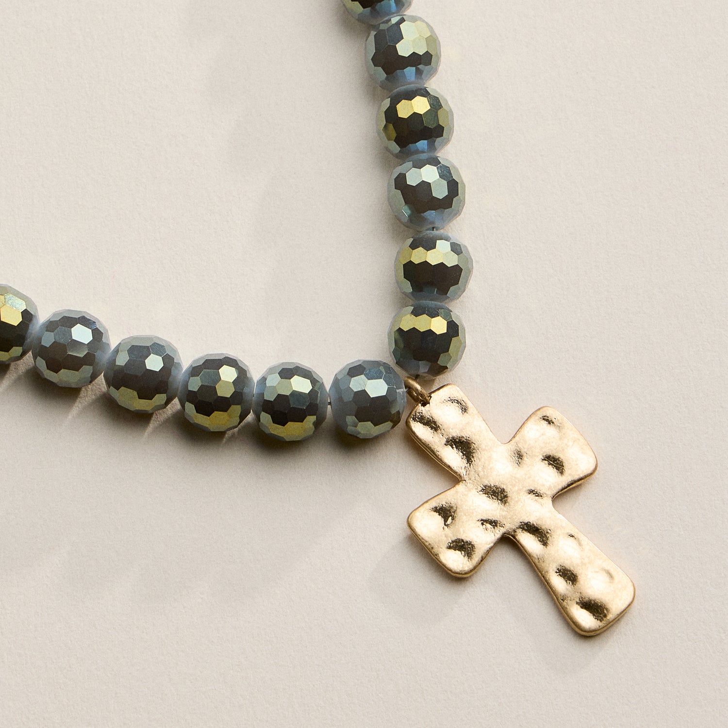Faceted Beaded Necklace with Hammered Cross Pendant