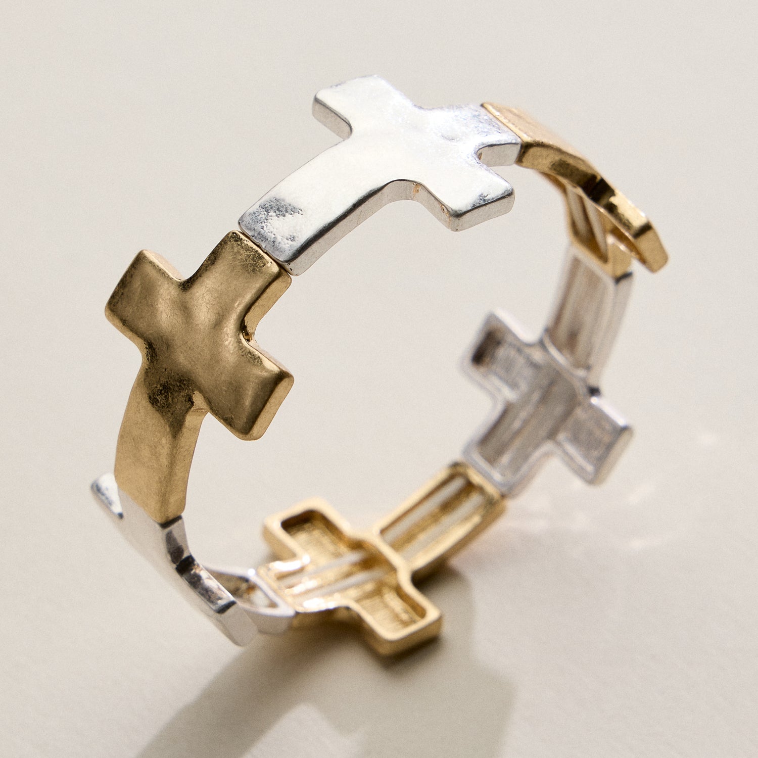 Two-Tone Cross Link Stretch Bracelet – Gold & Silver Statement Faith Jewelry