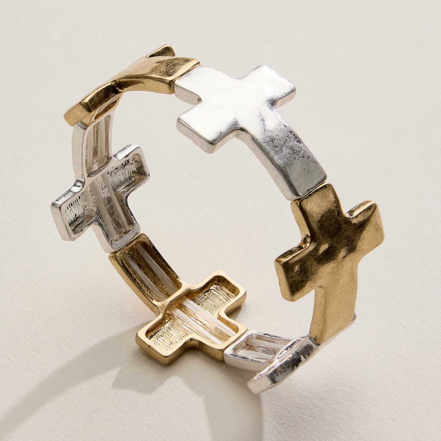 Two-Tone Cross Link Stretch Bracelet – Gold & Silver Statement Faith Jewelry - Frem