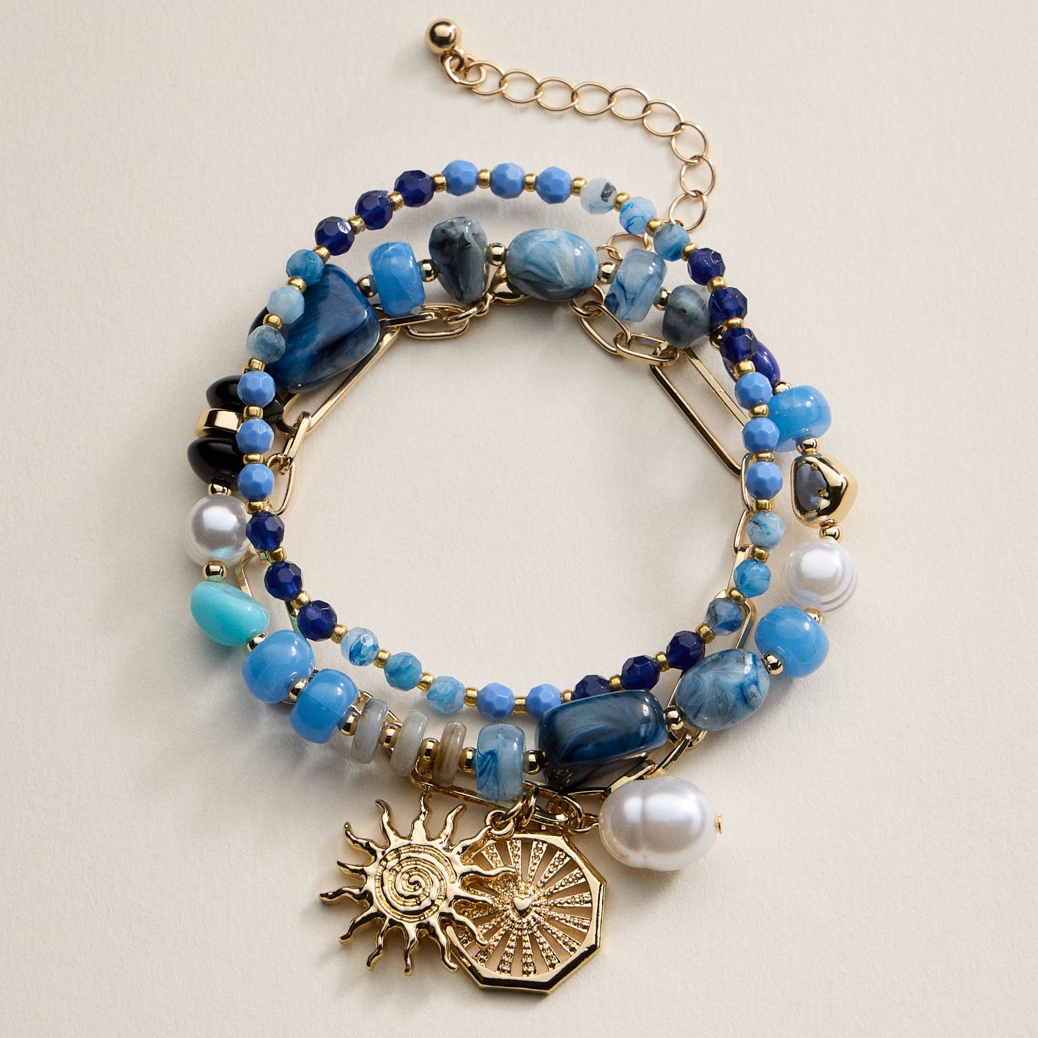 Beaded Bracelet Set – Mixed Gem-Style Beads, Gold Accents & Charms, Stretch Bracelets