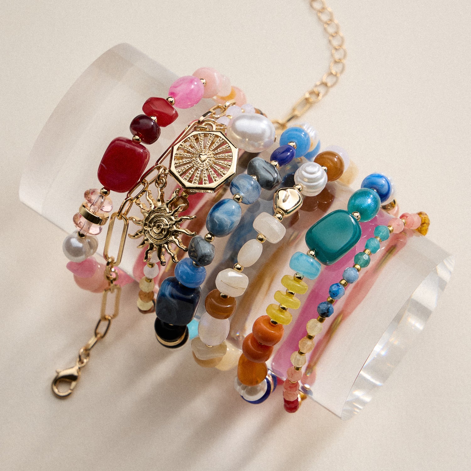 Beaded Bracelet Set – Mixed Gem-Style Beads, Gold Accents & Charms, Stretch Bracelets