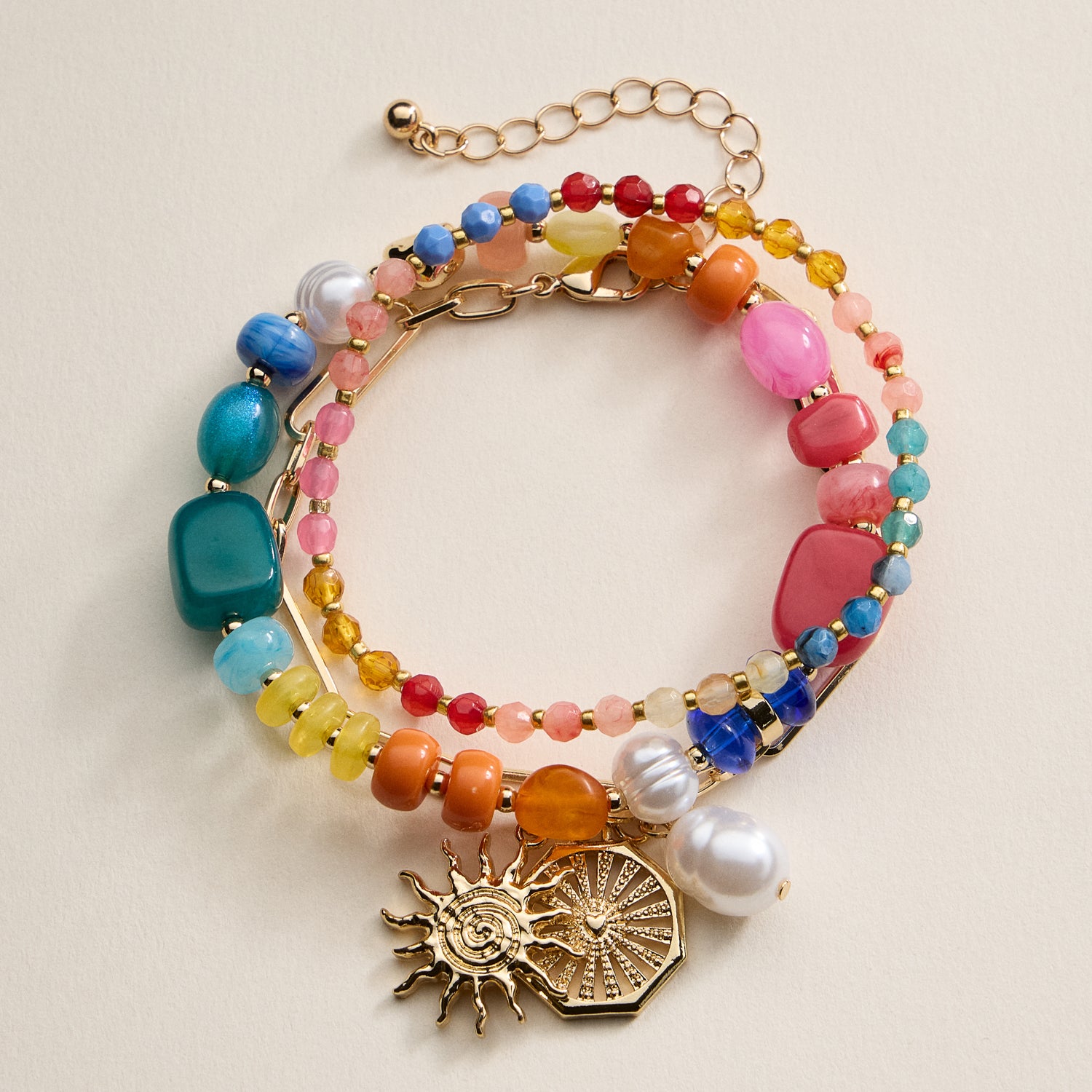 Beaded Bracelet Set – Mixed Gem-Style Beads, Gold Accents & Charms, Stretch Bracelets
