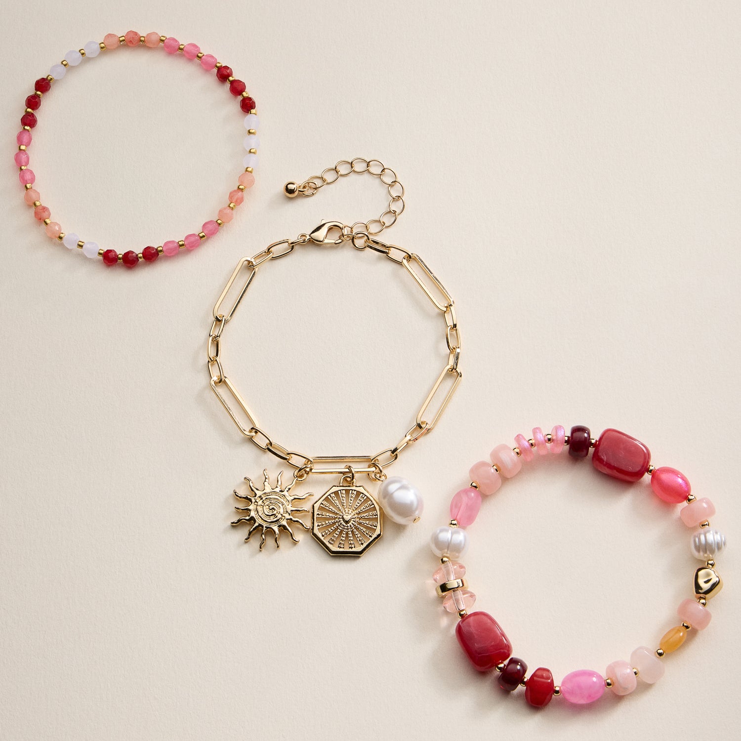 Beaded Bracelet Set – Mixed Gem-Style Beads, Gold Accents & Charms, Stretch Bracelets