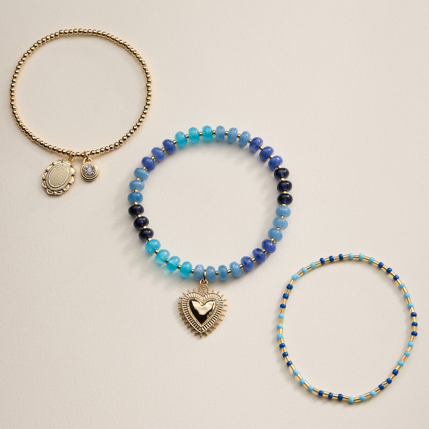 Beaded Heart Charm Stretch Bracelet Set – 3-Piece Layered Stack with Gold Accents