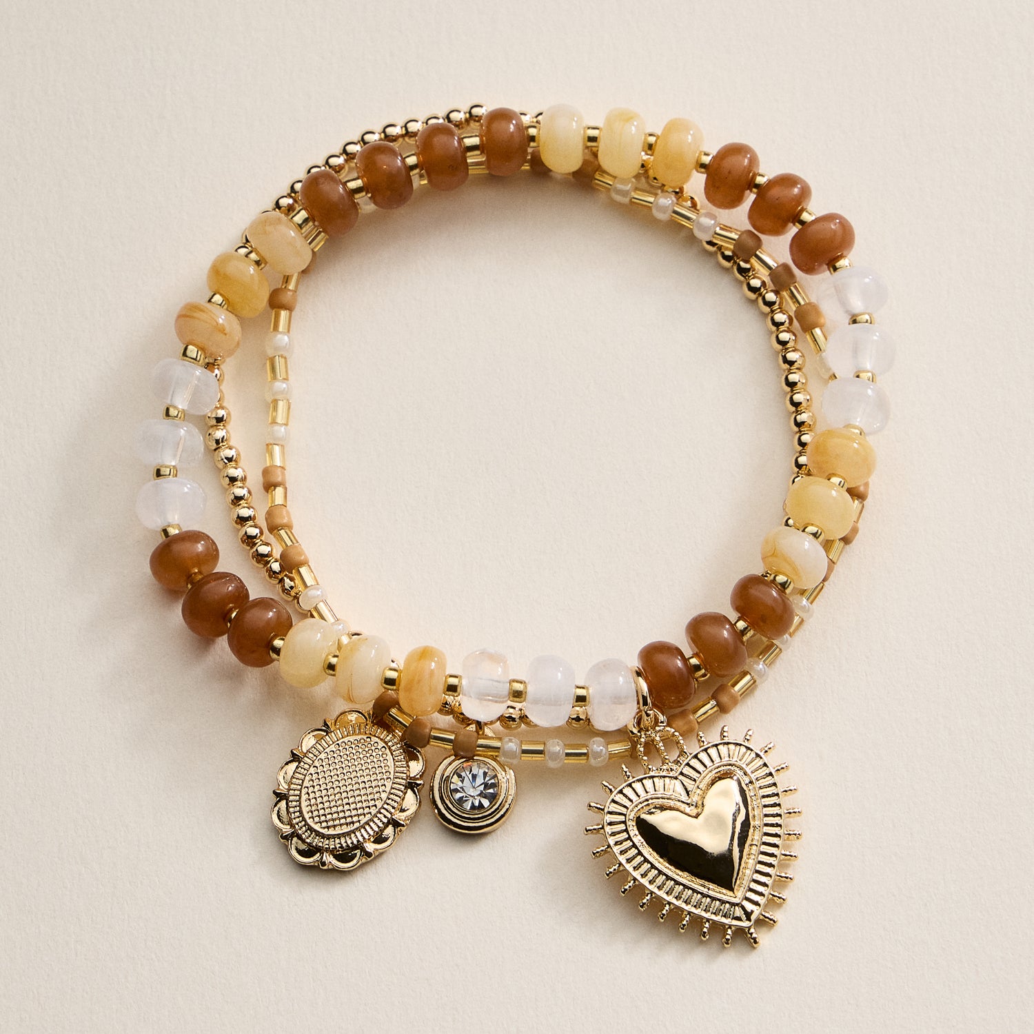 Beaded Heart Charm Stretch Bracelet Set – 3-Piece Layered Stack with Gold Accents