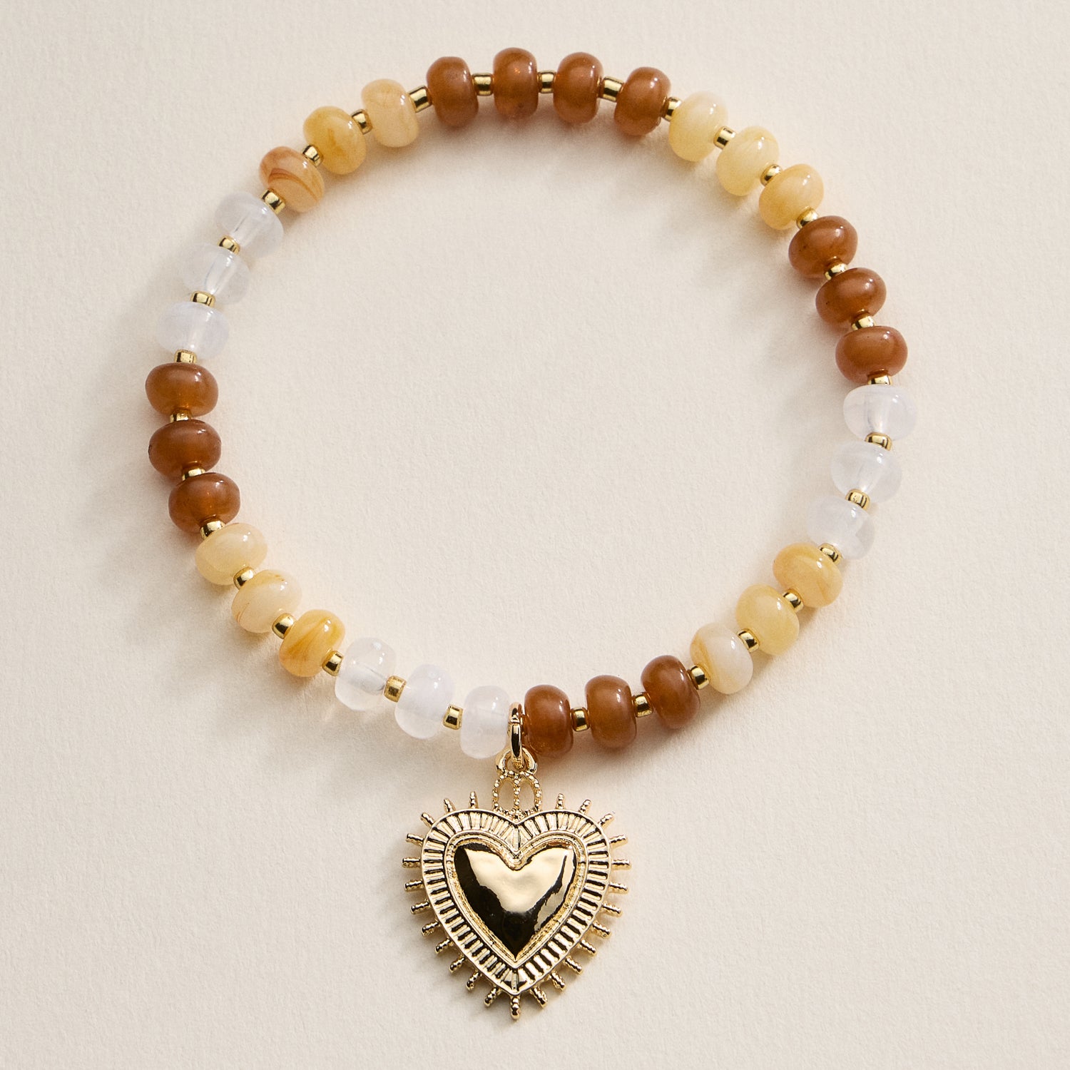 Beaded Heart Charm Stretch Bracelet Set – 3-Piece Layered Stack with Gold Accents