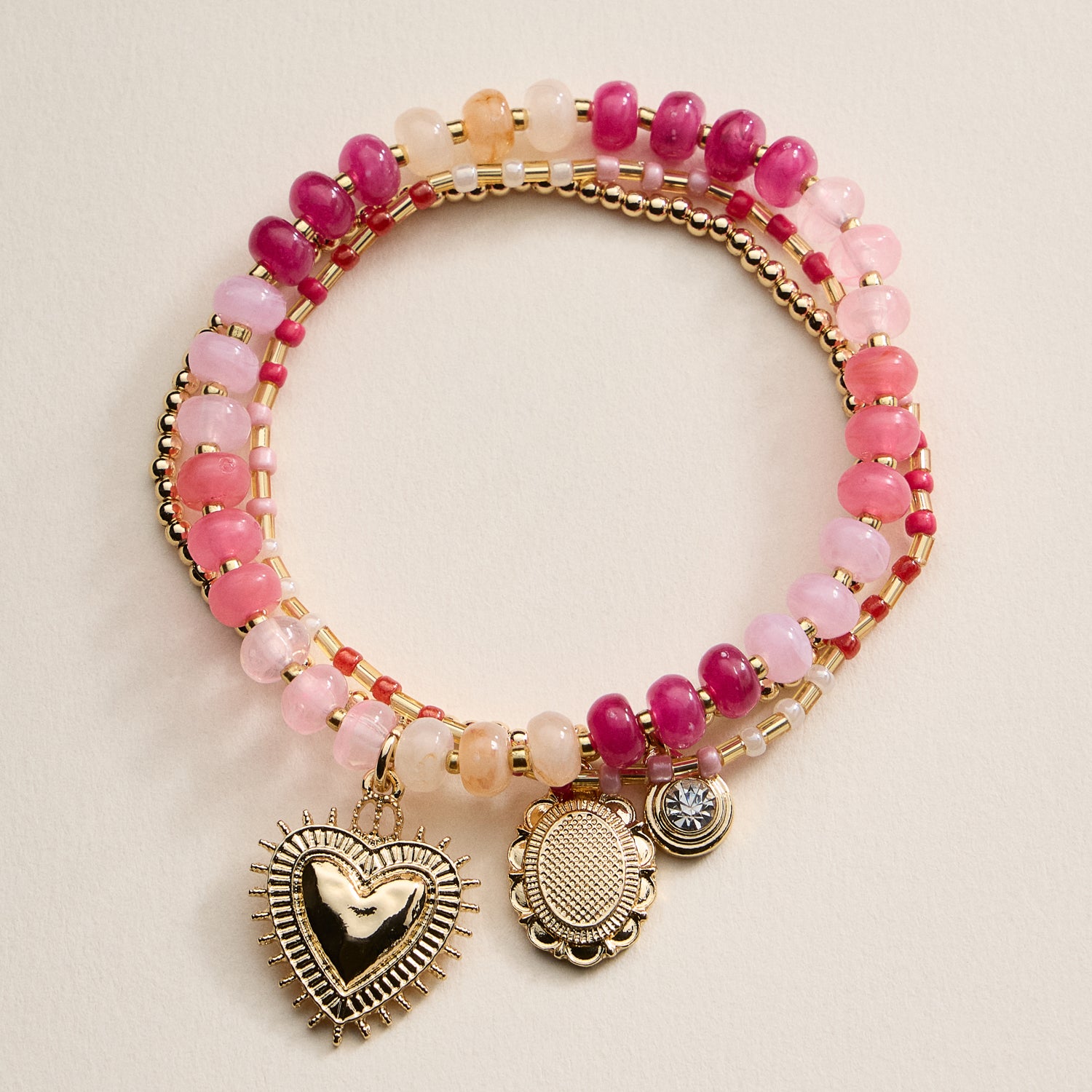 Beaded Heart Charm Stretch Bracelet Set – 3-Piece Layered Stack with Gold Accents