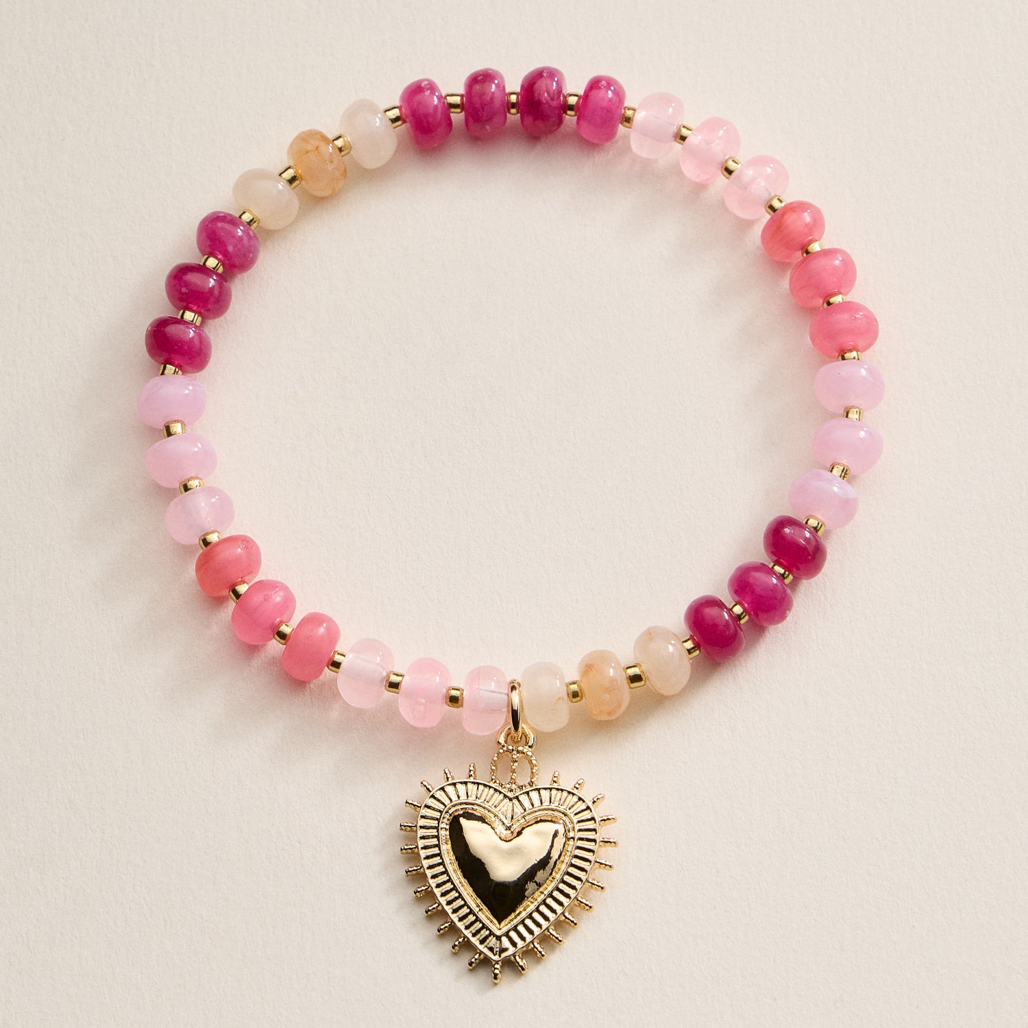 Beaded Heart Charm Stretch Bracelet Set – 3-Piece Layered Stack with Gold Accents