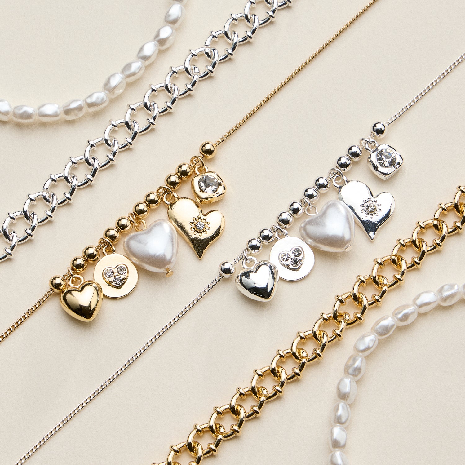Heart Charm Bracelet Set for Women – Pearl & Chain Bracelets with CZ Heart Charms