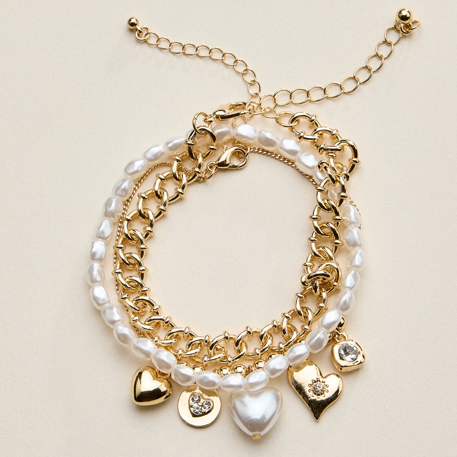 Metal Pearl Heart Charm Bracelet Set | Layered Style