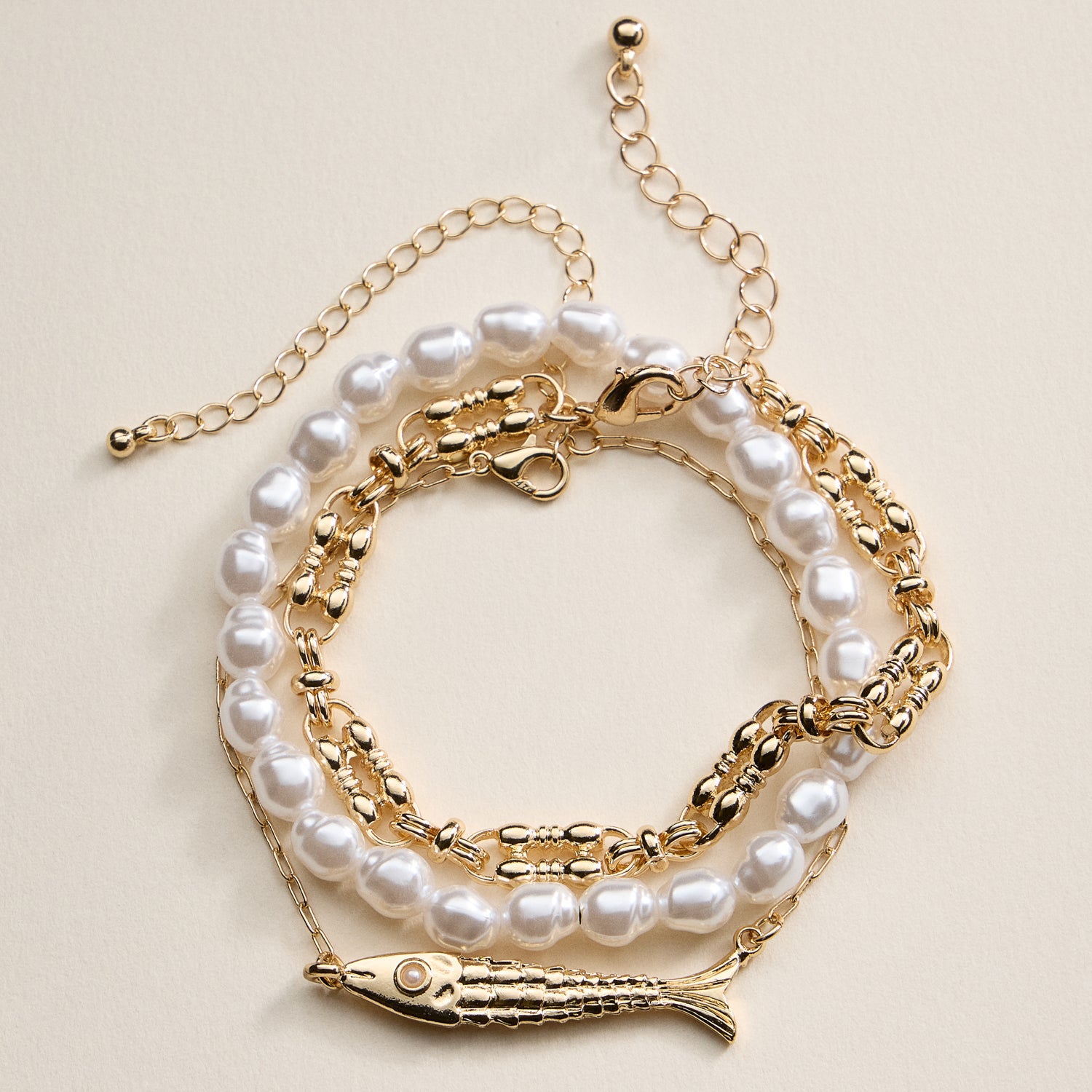 Goldfish Charm & Pearl Beaded 3-Piece Layered Chain Bracelet
