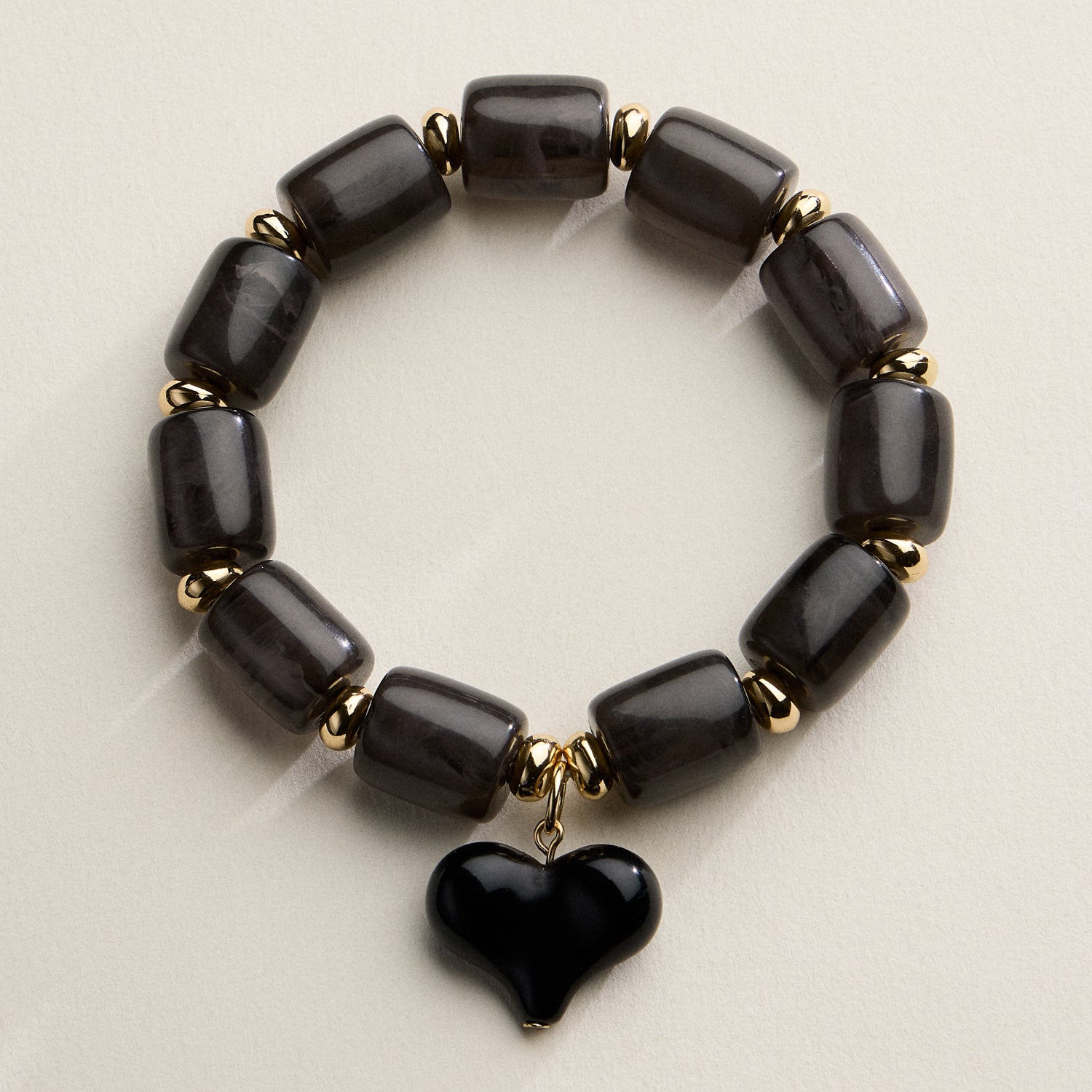 Chunky Beaded Stretch Bracelet with Heart Charm – Polished Resin Beads & Gold Accents, Statement Elastic Bracelet - Frem
