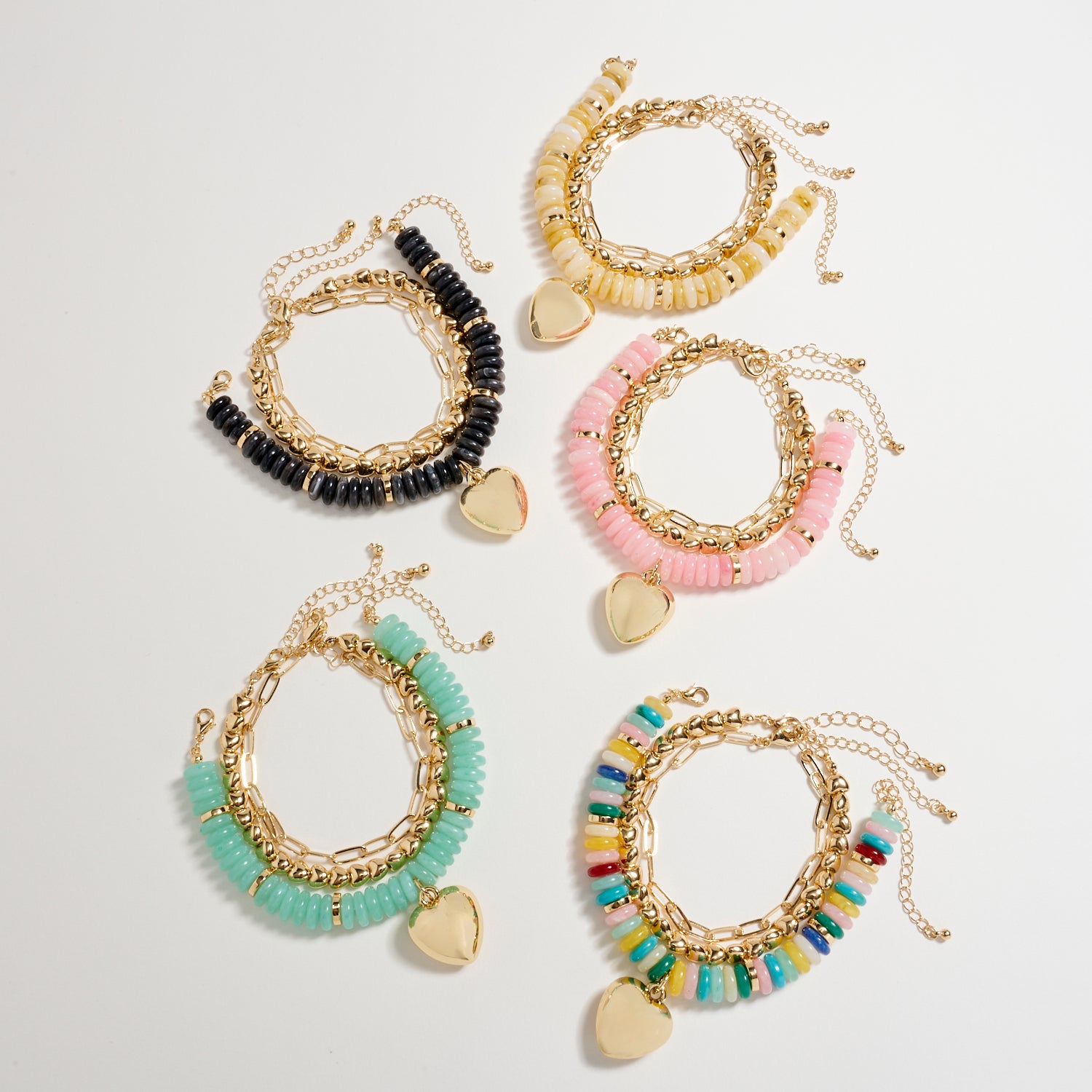 Gold Heart Charm Beaded Bracelet Set – Layered Chain & Colorful Disc Beads, Adjustable Stackable Wrist Jewelry for Women - Frem