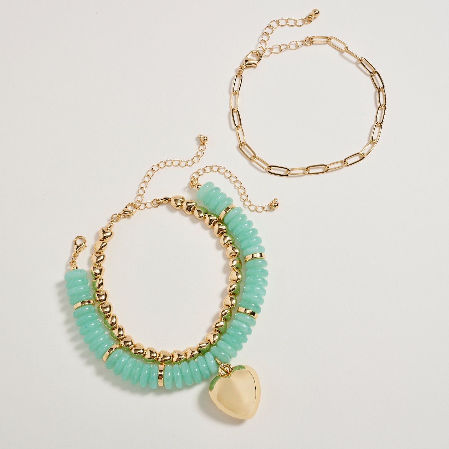 Gold Heart Charm Beaded Bracelet Set – Layered Chain & Colorful Disc Beads, Adjustable Stackable Wrist Jewelry for Women - Frem