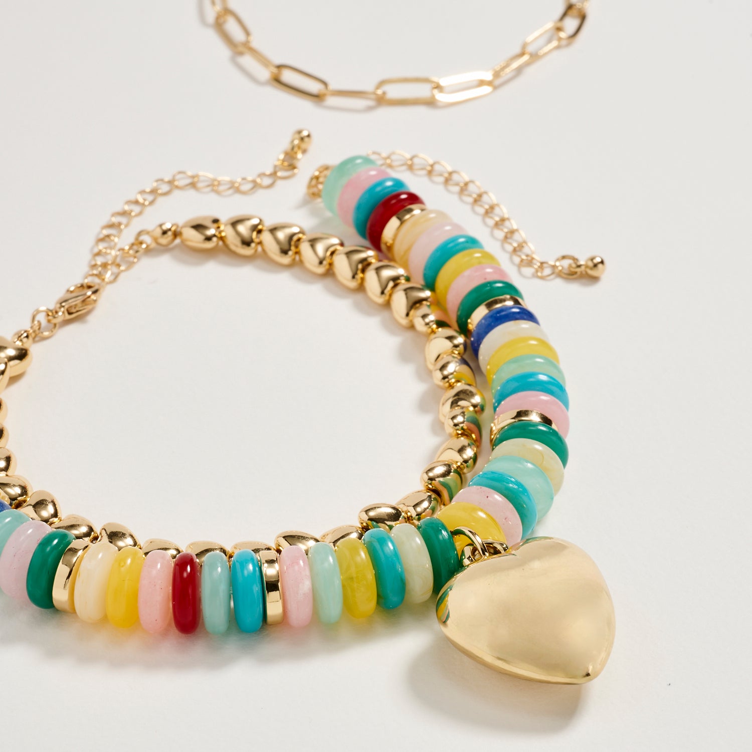 Gold Heart Charm Beaded Bracelet Set – Layered Chain & Colorful Disc Beads, Adjustable Stackable Wrist Jewelry for Women