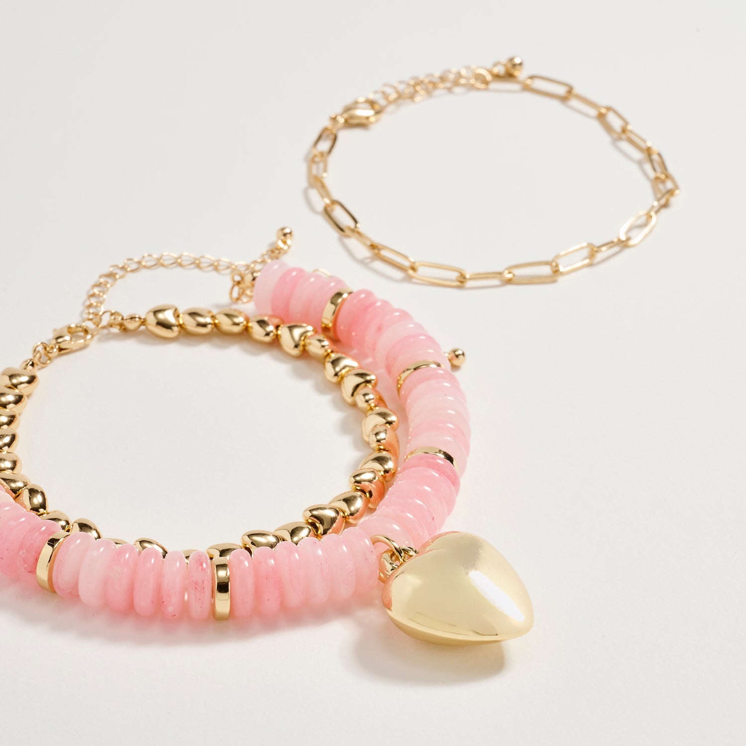 Gold Heart Charm Beaded Bracelet Set -- Adjustable