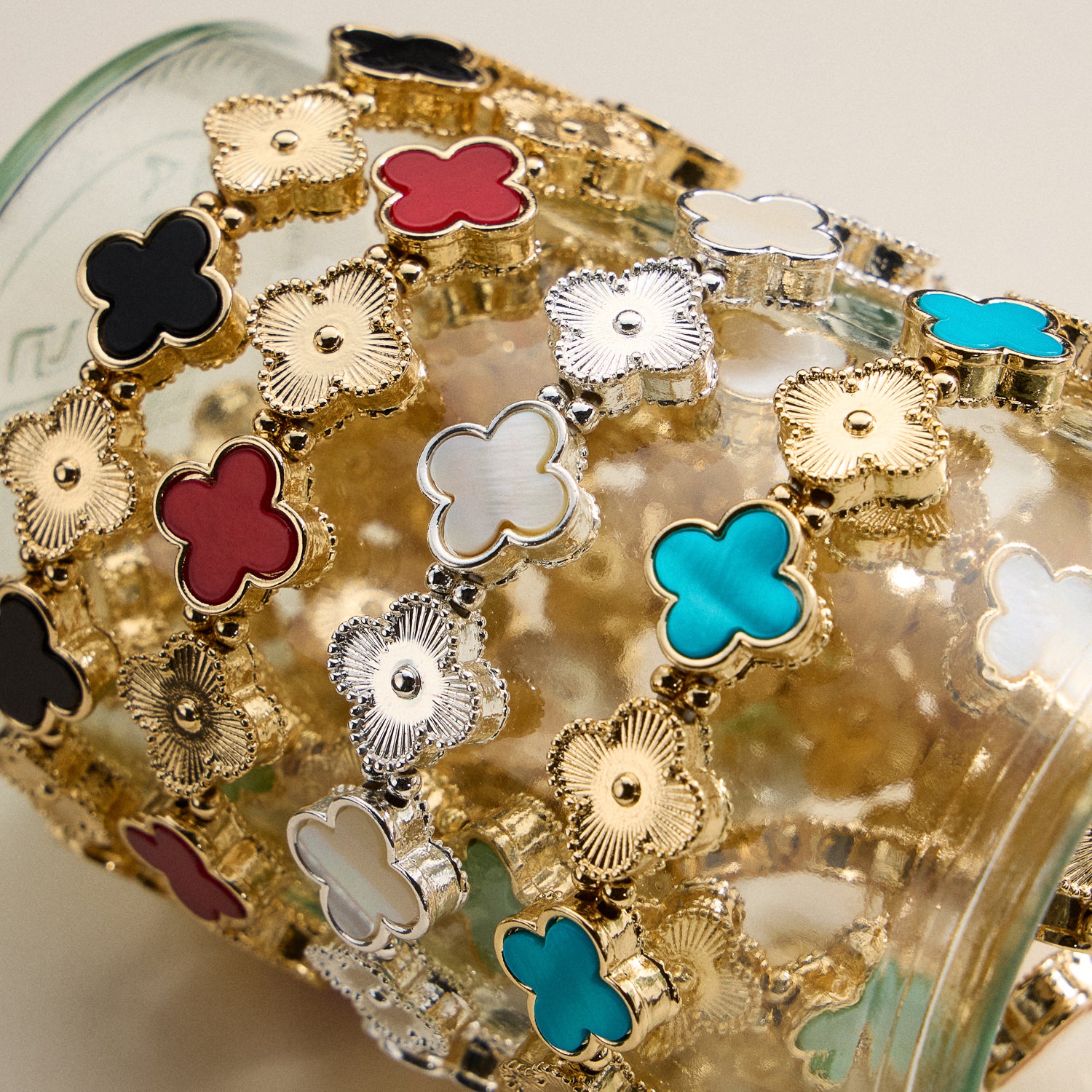 Enamel Floral Link Bracelet with Beaded Detailing