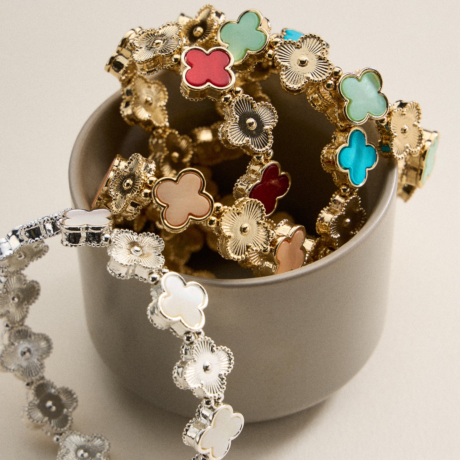 Clover Charm Stretch Bracelet | Gold Dipped Enamel Floral Bracelet