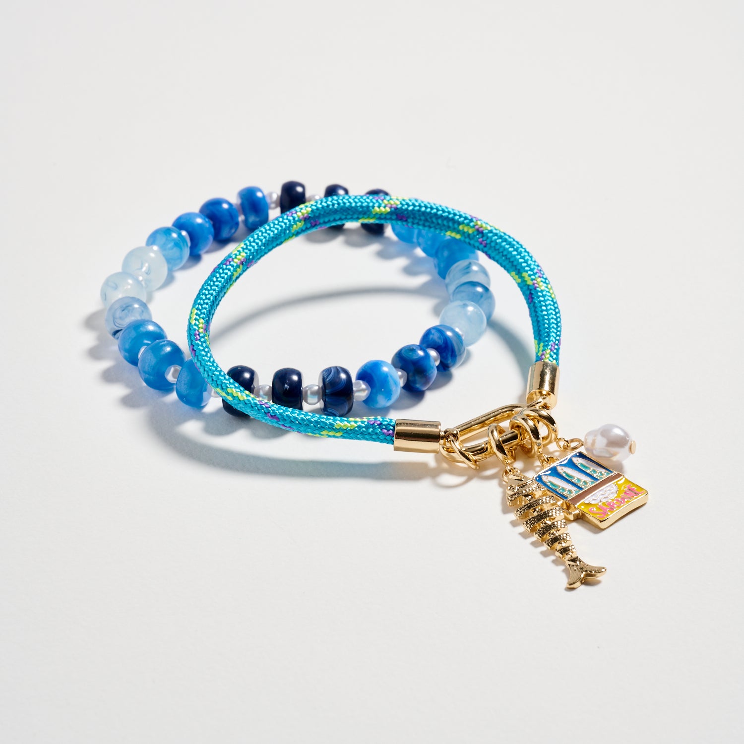 Double Layer Beaded Stretch &amp; Cord Bracelet with Gold Tone Charms - Frem