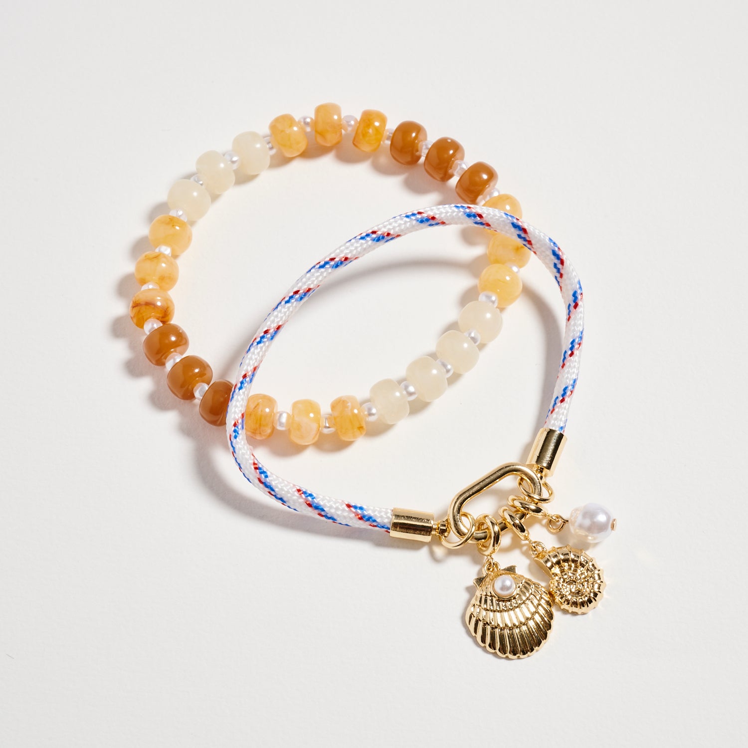 Double Layer Beaded Stretch &amp; Cord Bracelet with Gold Tone Charms - Frem