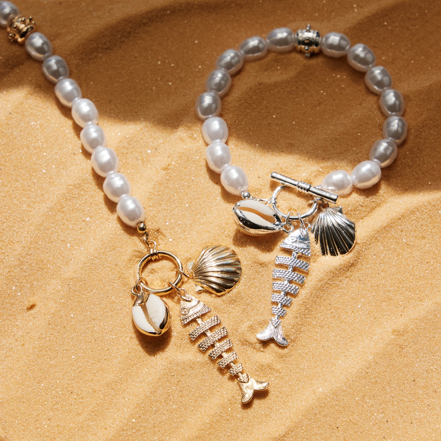 Pearl Charm Bracelet — Shell & Fish Pendant