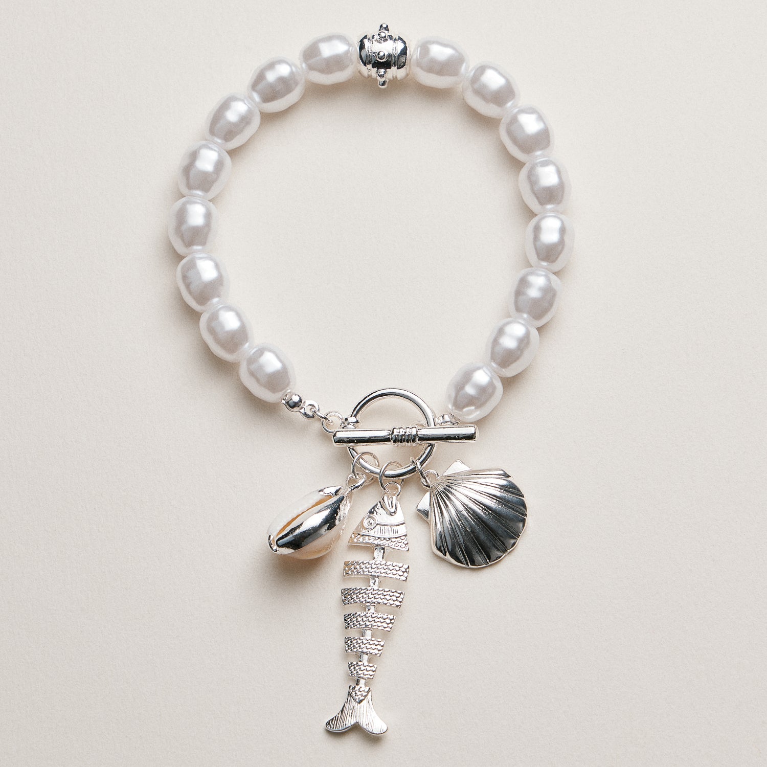 Pearl Charm Bracelet — Shell & Fish Pendant
