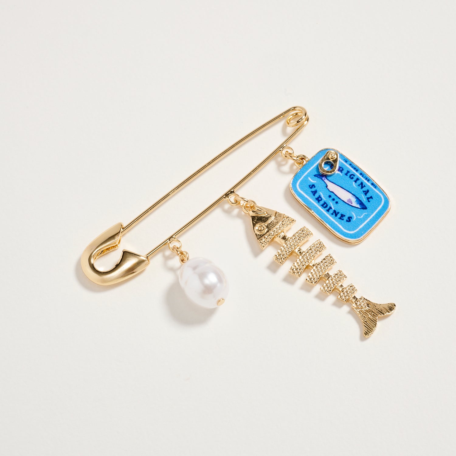 Gold Tone Pearl, Fishbone & Sardine Tin Charm Safety Pin Brooch