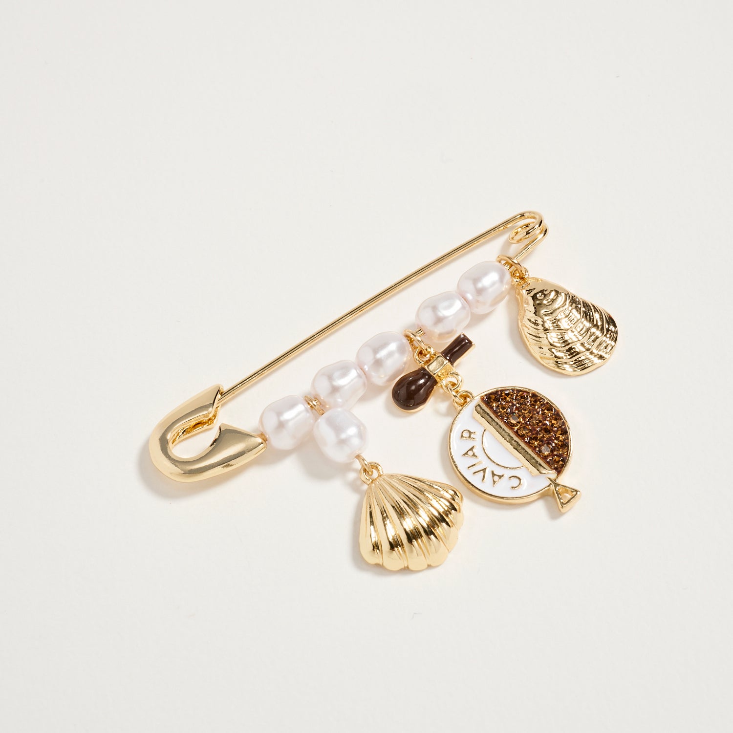 Gold Tone Pearl & Caviar Charm Safety Pin Brooch - Frem