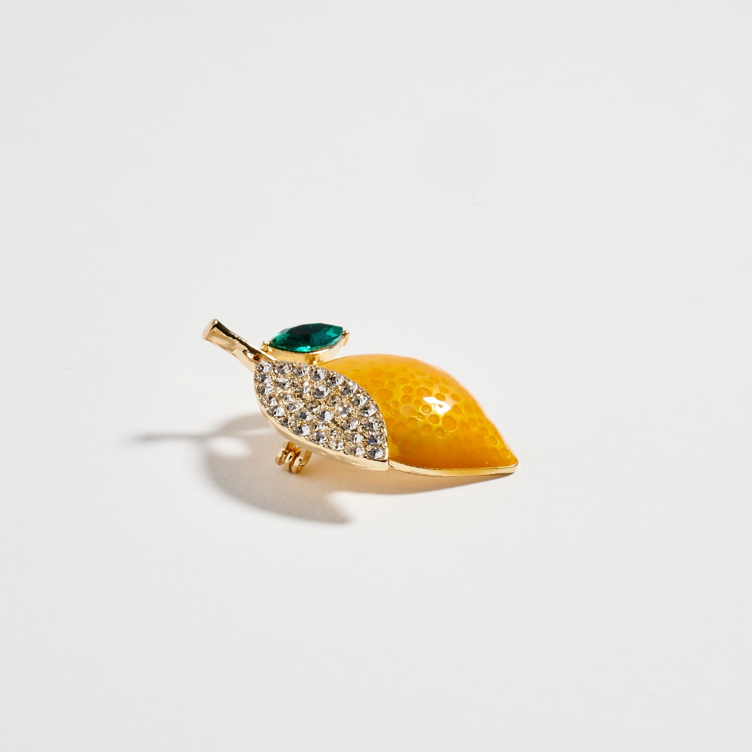 Gold Tone Fruit Brooch Pin | Lemon Enamel Crystal Leaf