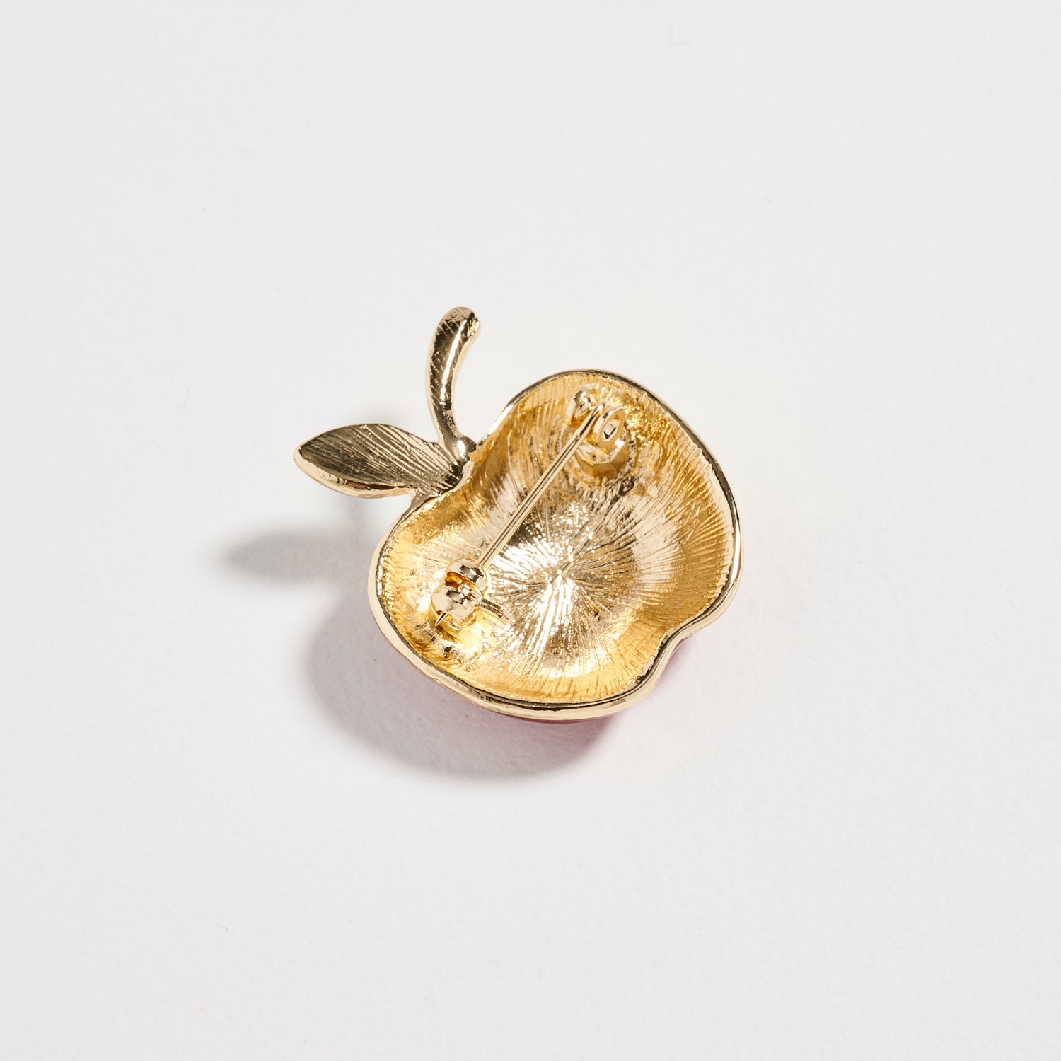 Gold Tone Enamel Apple Brooch | Red Crystal Accent